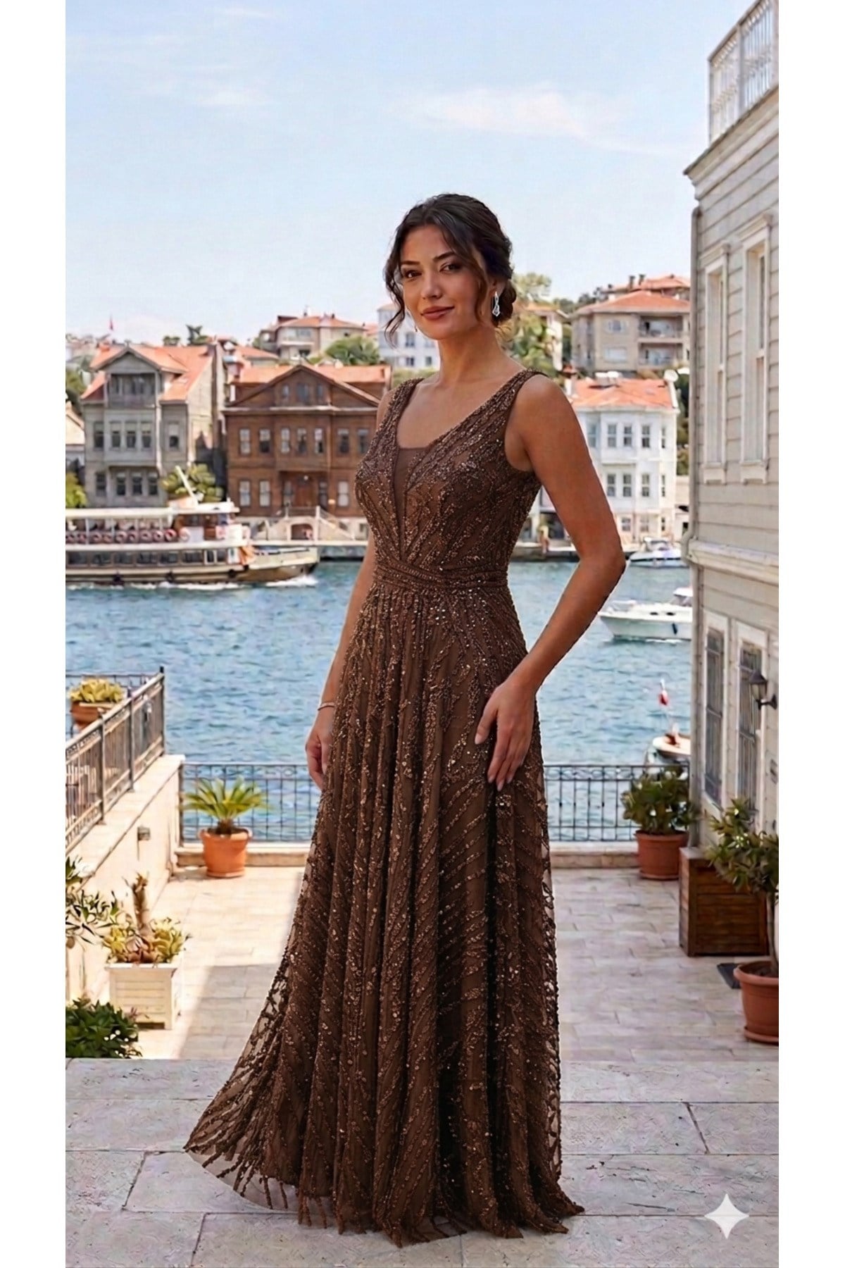 Premium Koleksiyon,taş ve Payet baskılı Tasarım kahve Gece Elbisesi,abiye elbise,Limited Edition