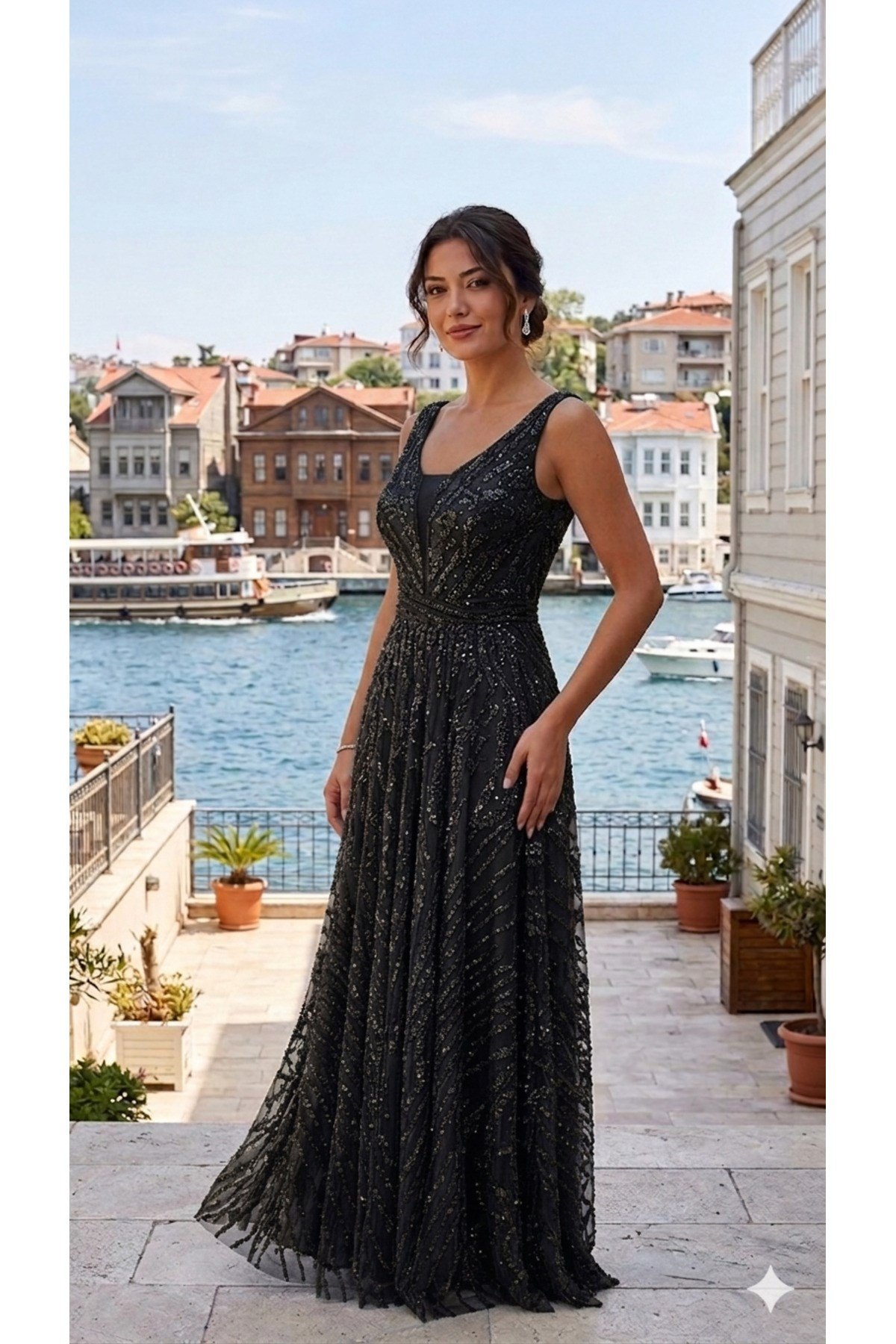 Premium Koleksiyon,taş ve Payet baskılı Tasarım siyah Gece Elbisesi,abiye elbise,Limited Edition