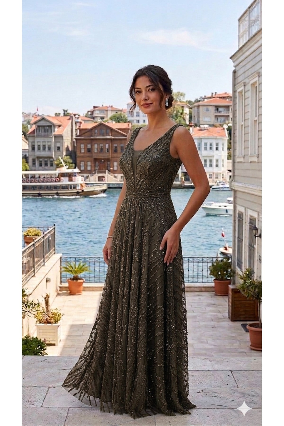Premium Koleksiyon,taş ve Payet baskılı Tasarım haki gece Elbisesi,abiye elbise,Limited Edition