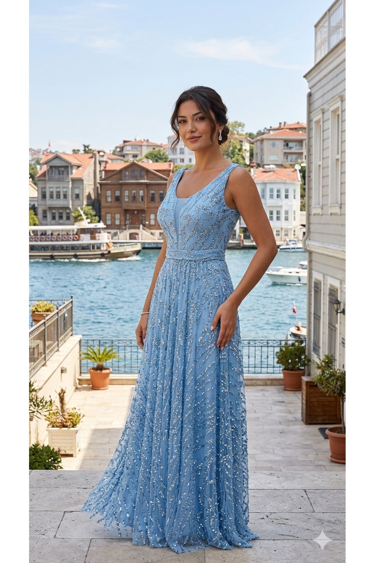 Premium Koleksiyon,taş ve Payet baskılı Tasarım mavi Gece Elbisesi,abiye elbise,Limited Edition