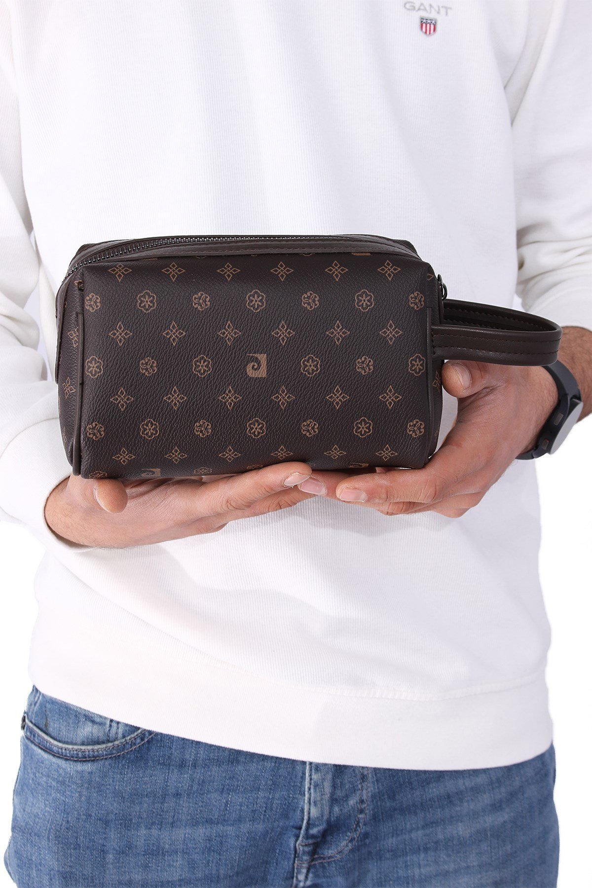 01pc002001 Erkek El Çantası El Pörtföyü Clutch Çanta Baskılı Kahverengi