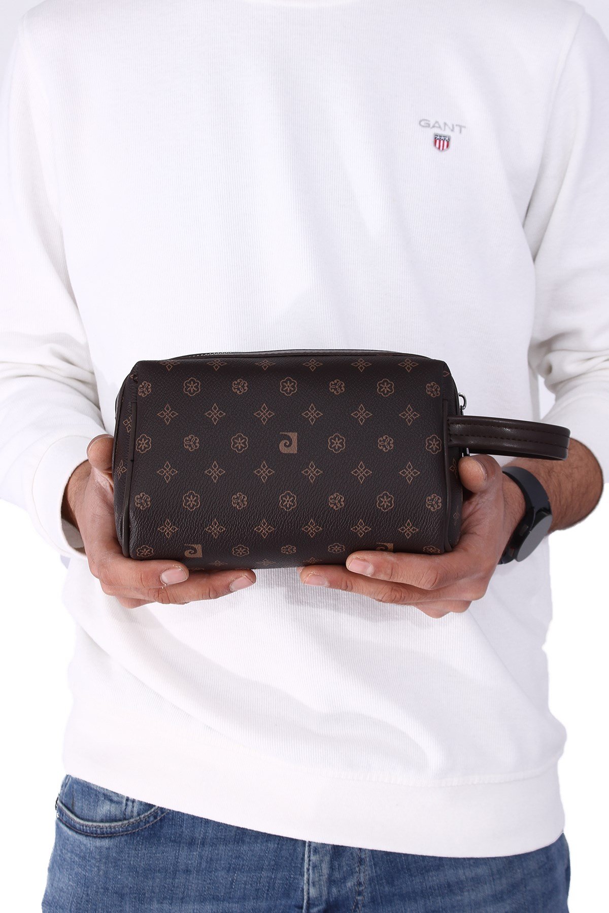 01pc002001 Erkek El Çantası El Pörtföyü Clutch Çanta Baskılı Kahverengi