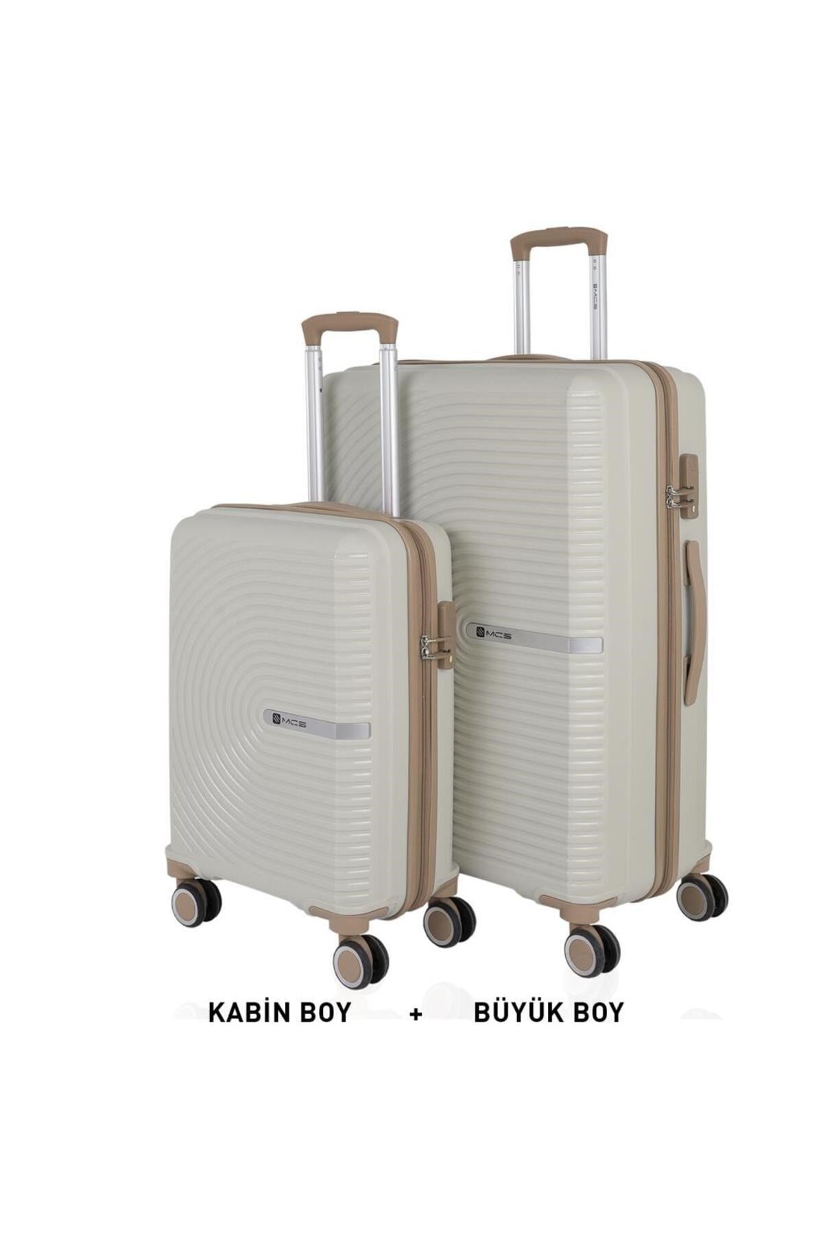 Bavul Büyük ve Kabin 2li Set Kırılmaz Silikon Valiz V374 Kemik/Şampanya