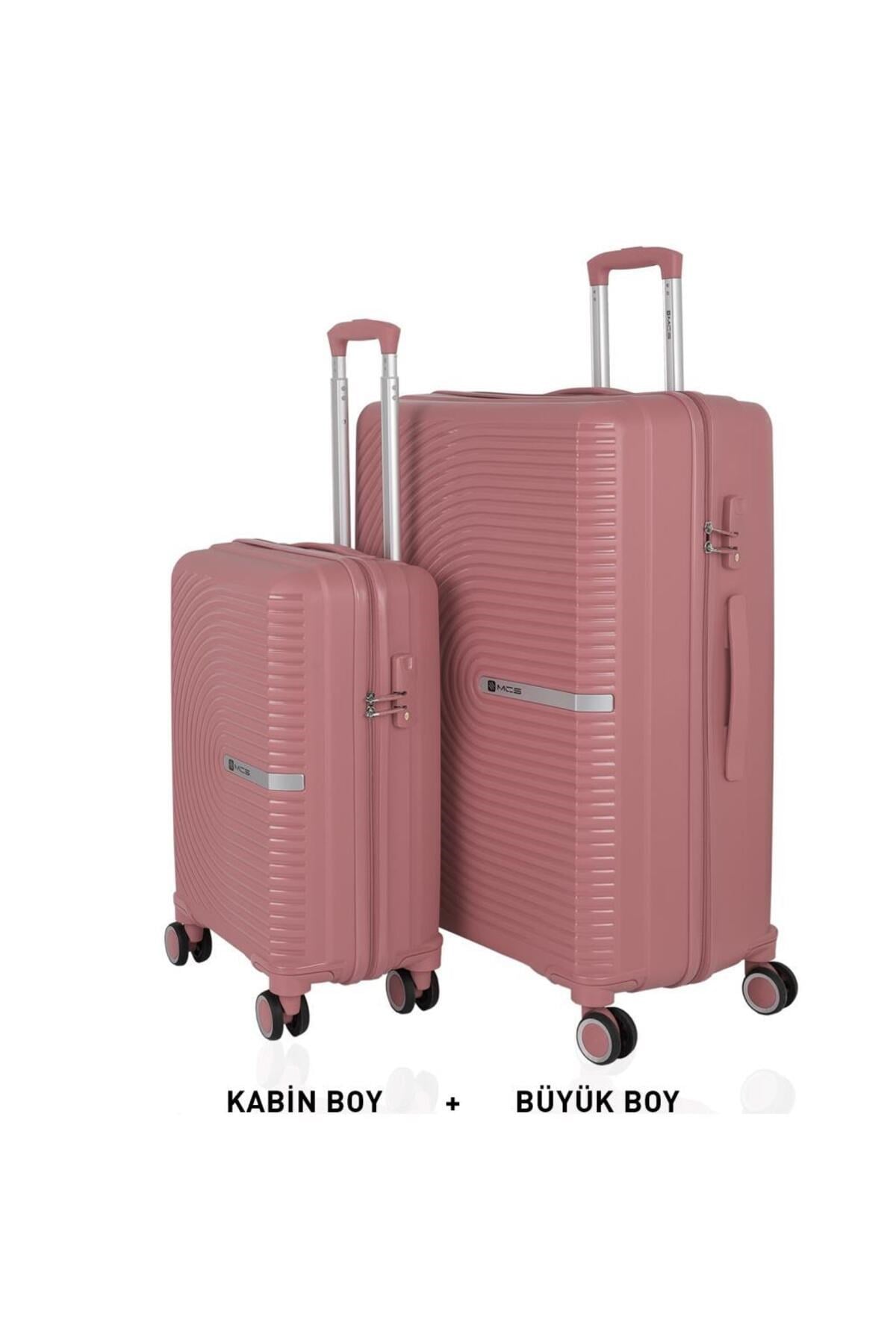 Bavul Büyük ve Kabin 2li Set Kırılmaz Silikon Valiz V374 Koyu Pudra
