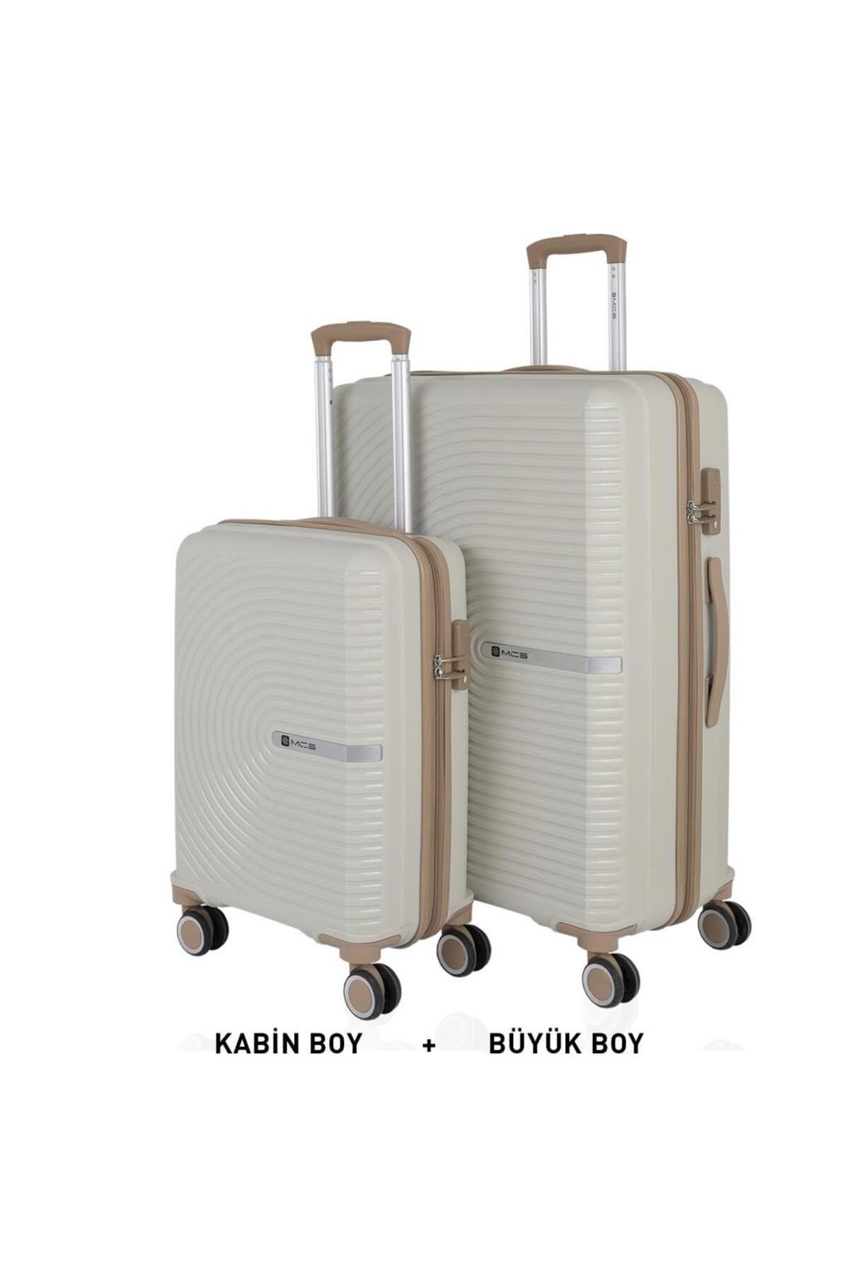 Bavul Büyük ve Kabin 2li Set Kırılmaz Silikon Valiz V374 Kemik/Şampanya