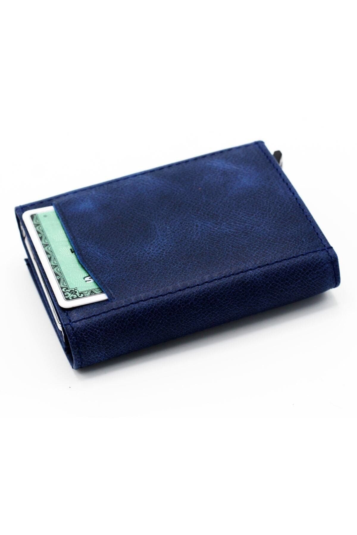 Erkek Lacivert  Deri  Mekanizmalı Cüzdan Kartlık