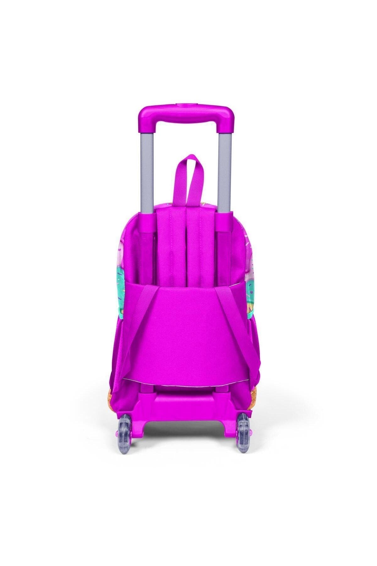 Kids Pembe Rengarenk Dondurma Desenli Üç Bölmeli Çekçekli Okul Sırt Çantası Seti