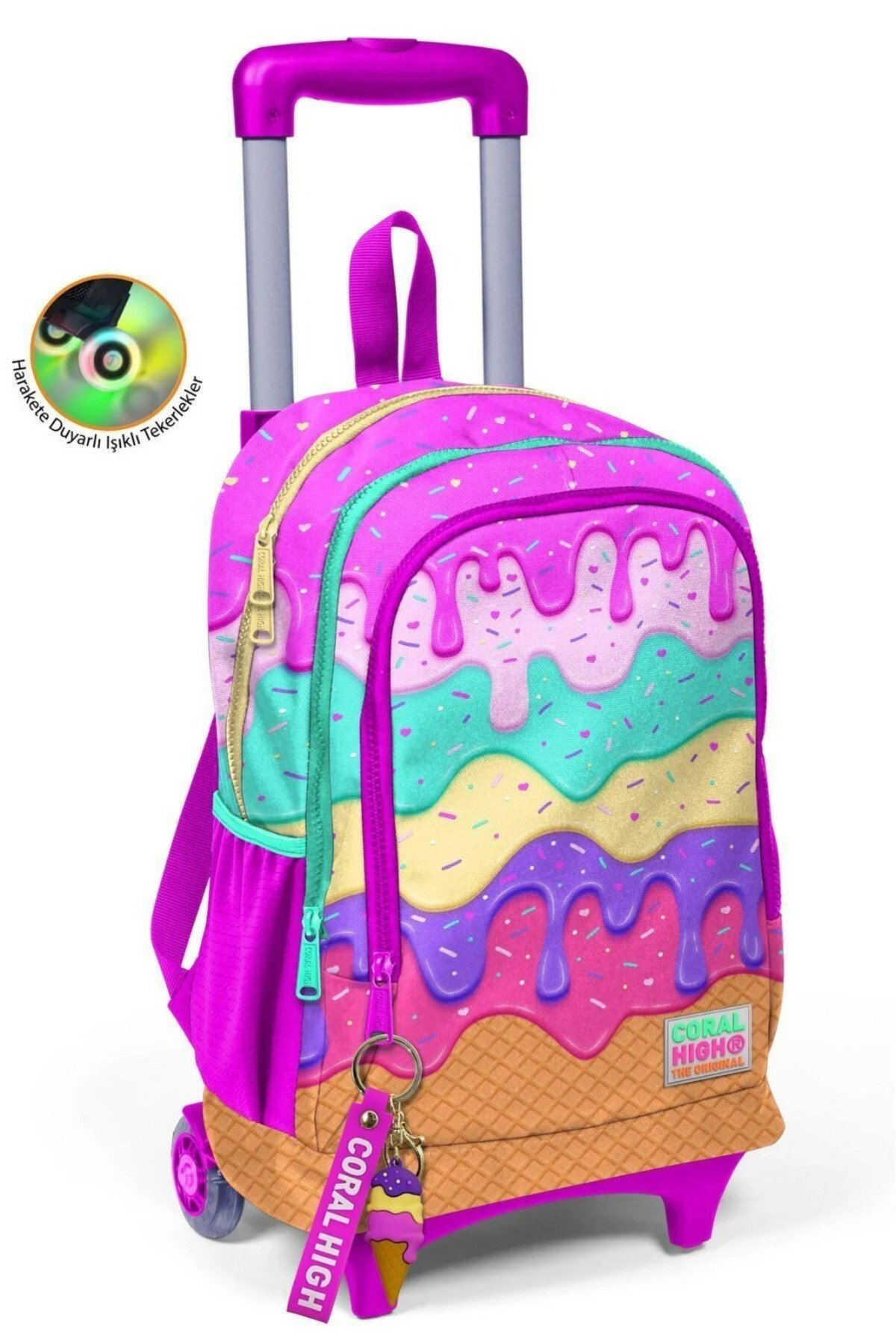 Kids Pembe Rengarenk Dondurma Desenli Üç Bölmeli Çekçekli Okul Sırt Çantası 23931