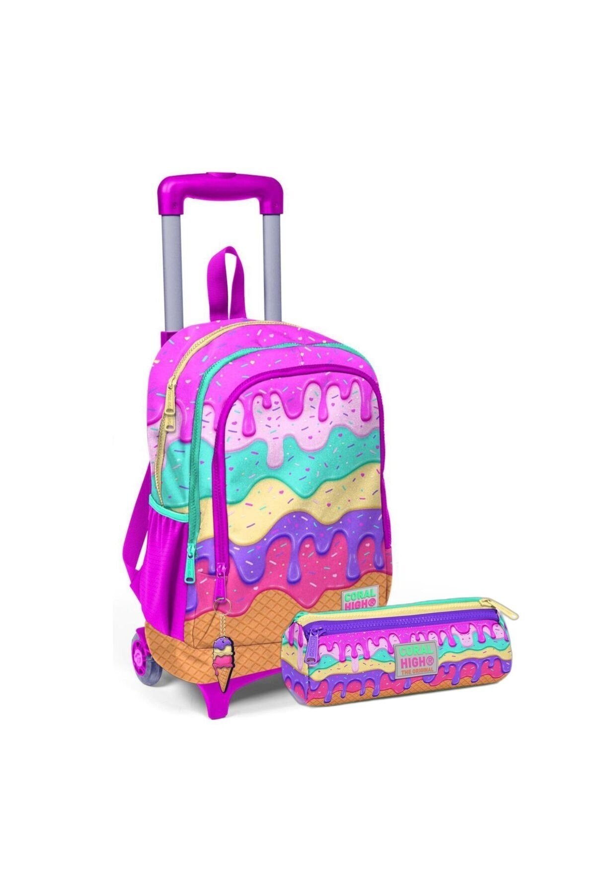 Kids Pembe Rengarenk Dondurma Desenli Üç Bölmeli Çekçekli Okul Sırt Çantası Seti
