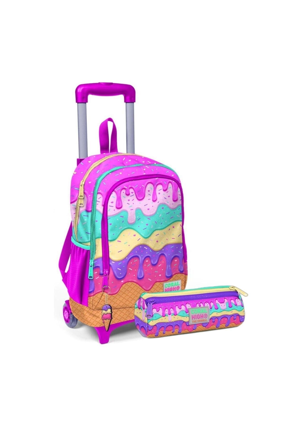 Kids Pembe Rengarenk Dondurma Desenli Üç Bölmeli Çekçekli Okul Sırt Çantası Seti