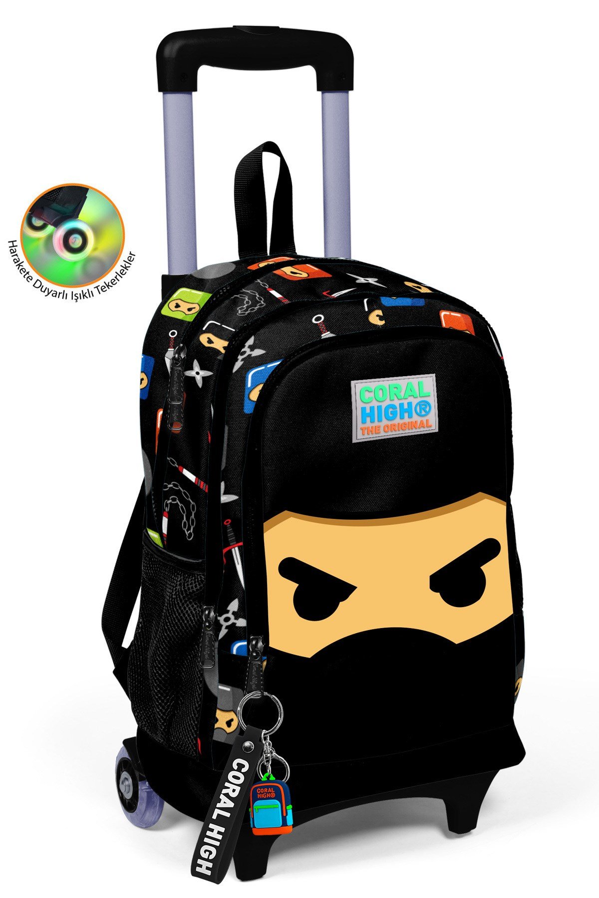Kids Siyah Ninja Desenli Üç Bölmeli Çekçekli Okul Sırt Çantası 23381