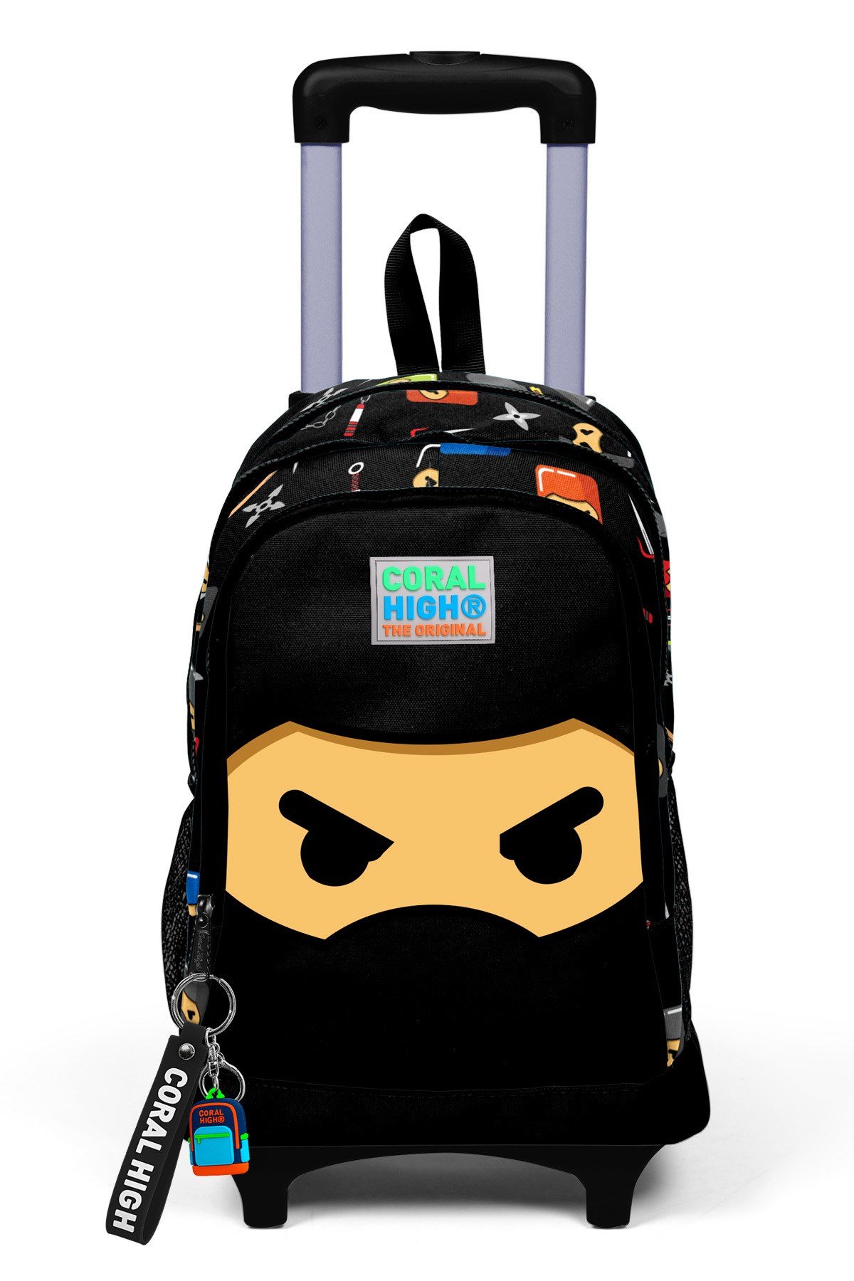 Kids Siyah Ninja Desenli Üç Bölmeli Çekçekli Okul Sırt Çantası 23381