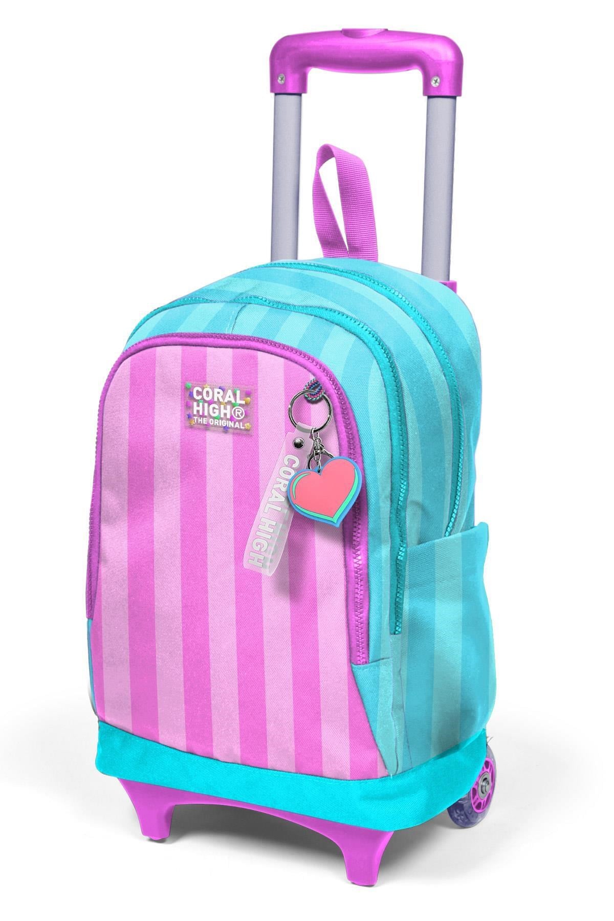 Kids Turkuaz Pembe Çizgili Üç Bölmeli Çekçekli Okul Sırt Çantası 23971