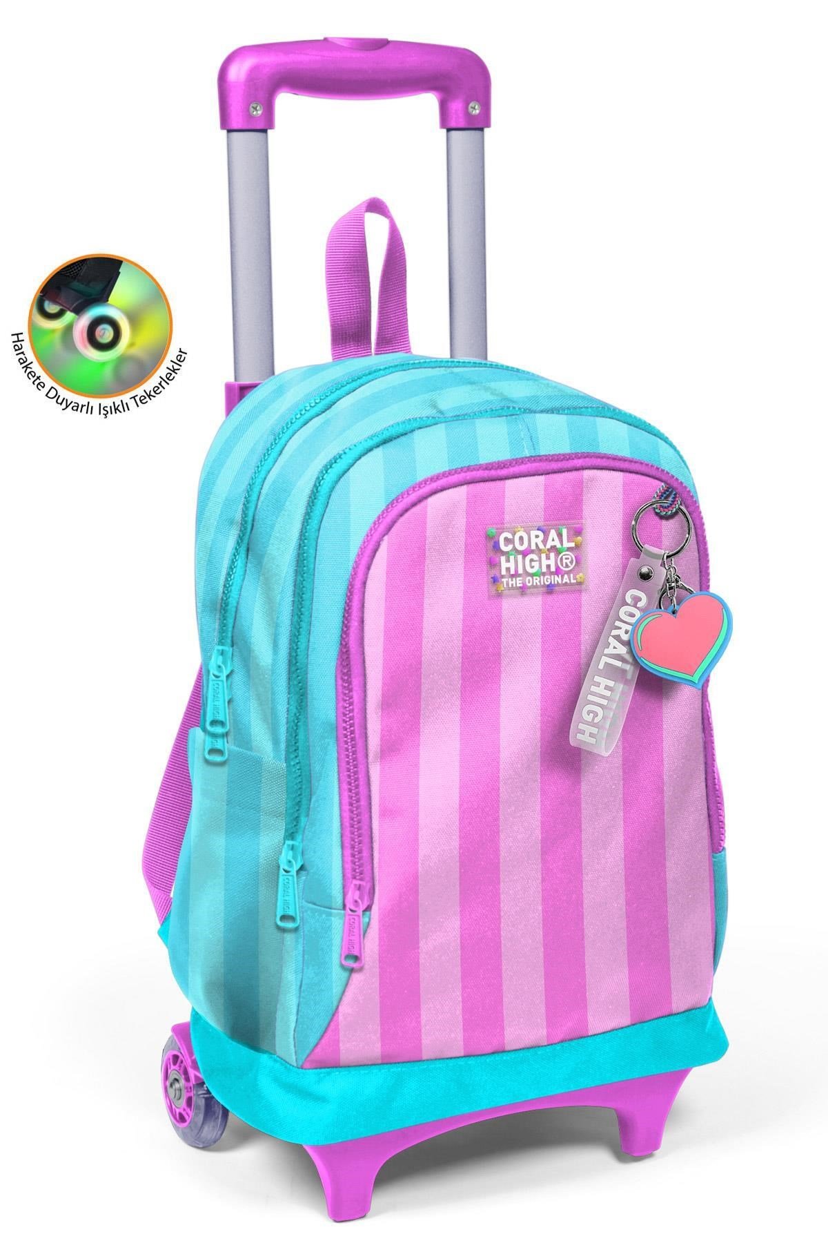 Kids Turkuaz Pembe Çizgili Üç Bölmeli Çekçekli Okul Sırt Çantası 23971
