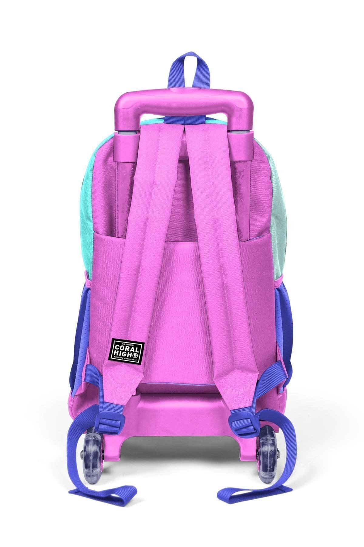 Kids Turkuaz Pembe Dondurmalı Kedi Desenli Üç Bölmeli Çekçekli Okul Sırt Çantası 23951