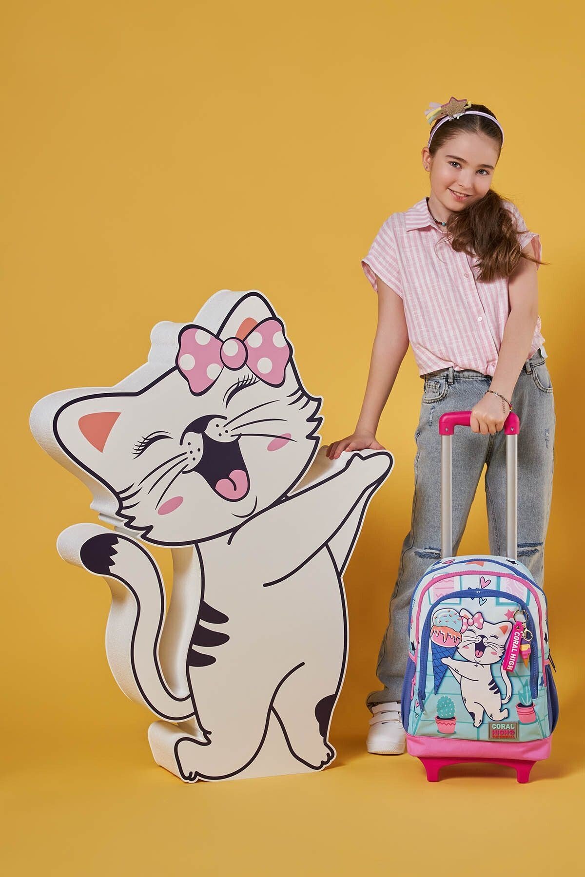 Kids Turkuaz Pembe Dondurmalı Kedi Desenli Üç Bölmeli Çekçekli Okul Sırt Çantası 23951