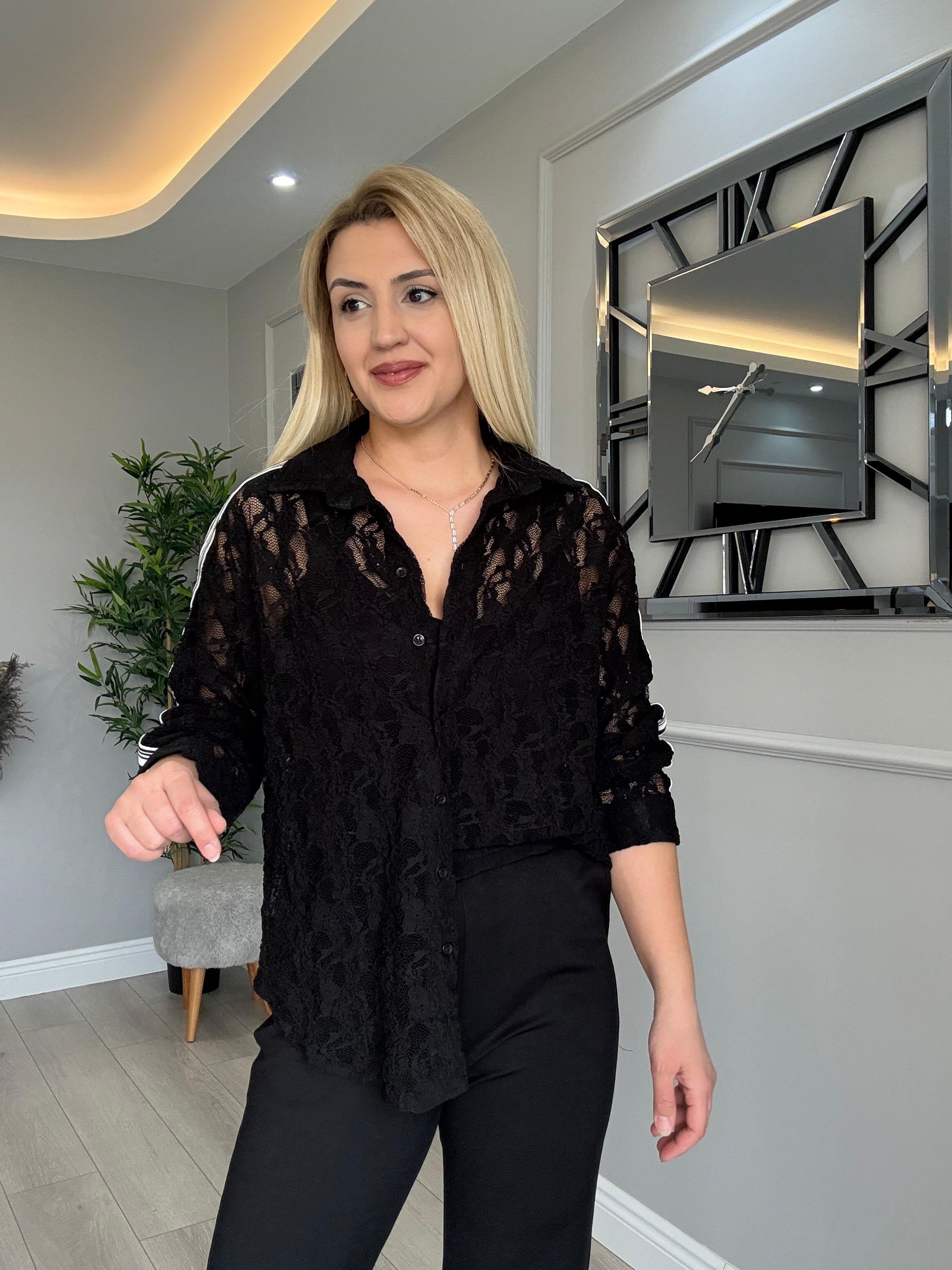 DANTEL GÖMLEKLİ, MODAL PANTOLON VE ATLETLİ 3LÜ TAKIM SİYAH