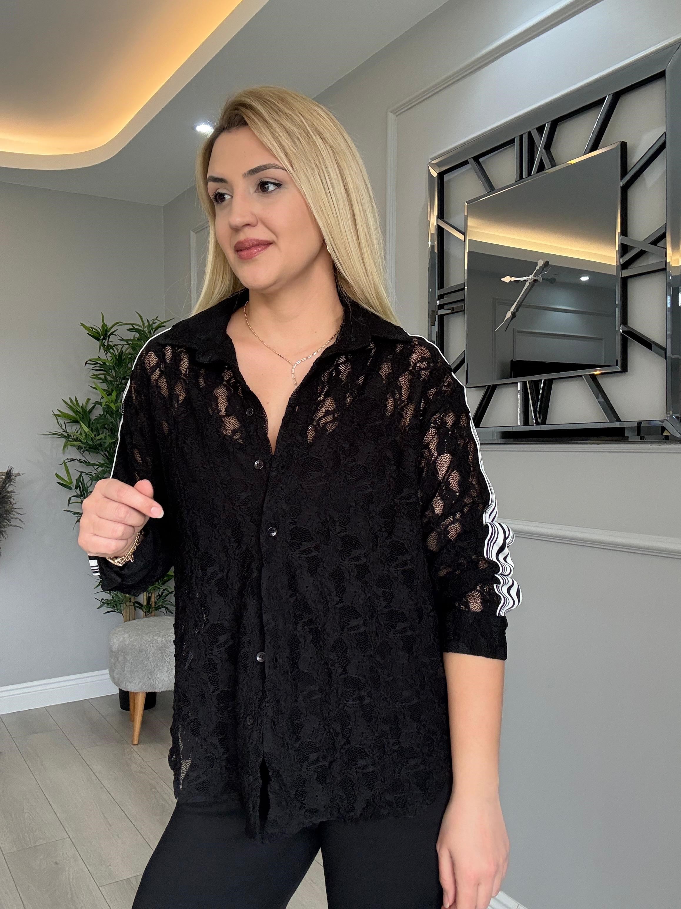 DANTEL GÖMLEKLİ, MODAL PANTOLON VE ATLETLİ 3LÜ TAKIM SİYAH
