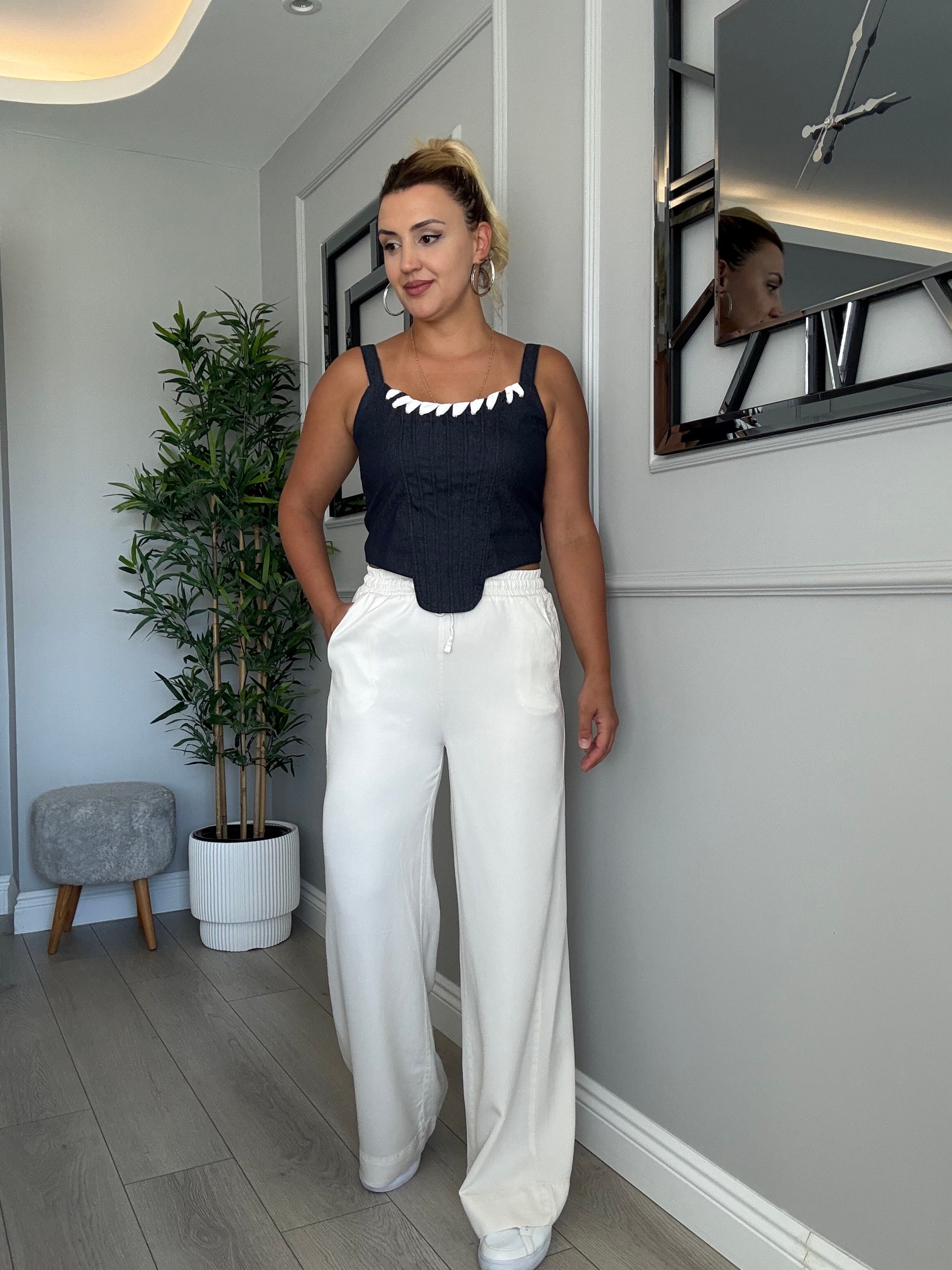 Ekru beli lastikli tensel pantolon 