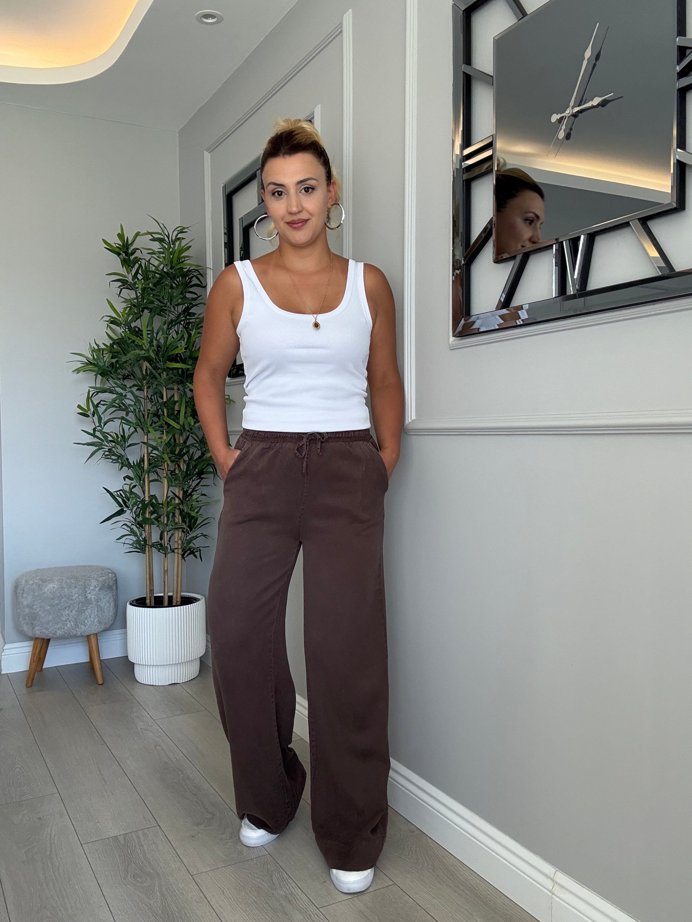 Kahverengi beli lastikli tensel pantolon 