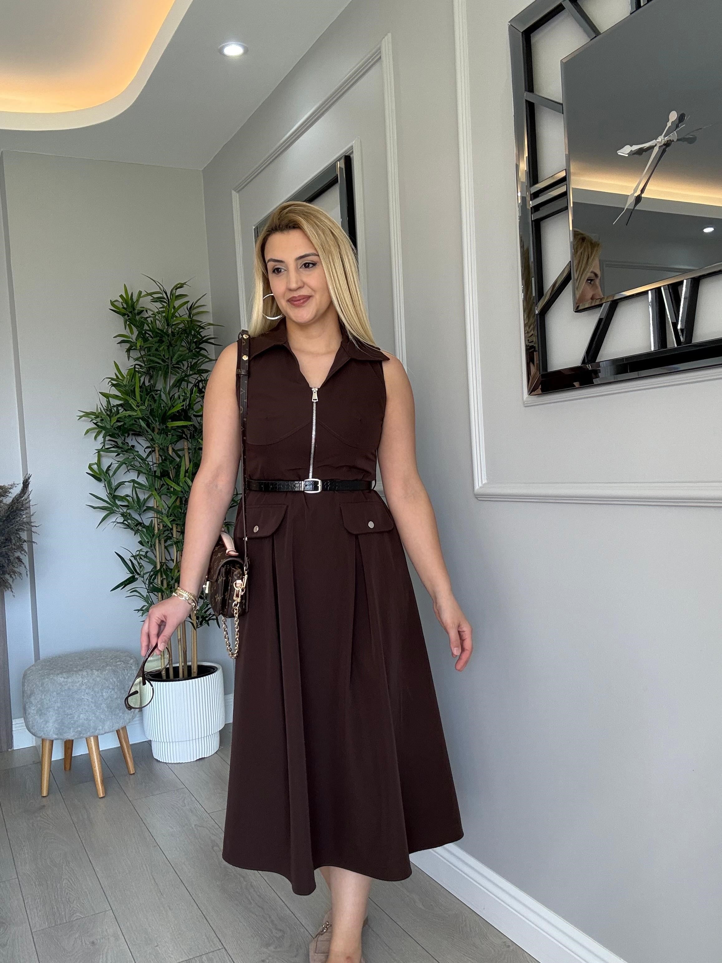 KEMERLİ PARAŞÜT KUMAŞ ELBİSE KAHVERENGİ