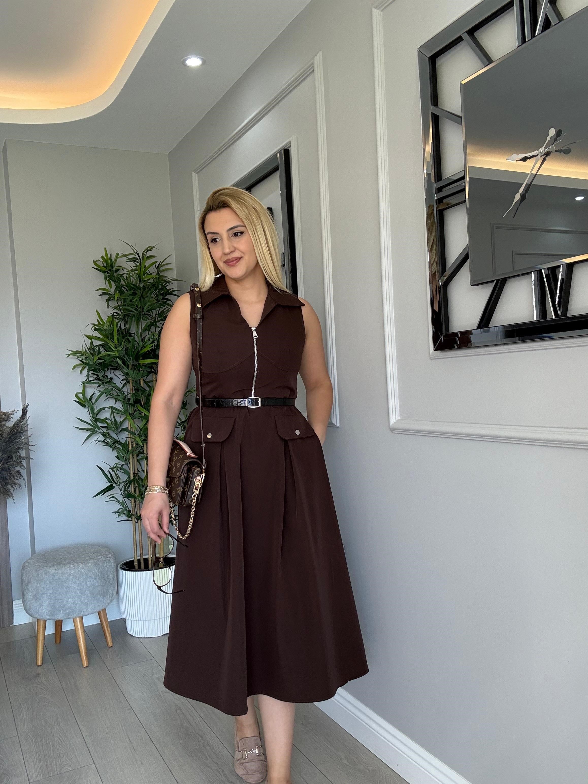 KEMERLİ PARAŞÜT KUMAŞ ELBİSE KAHVERENGİ