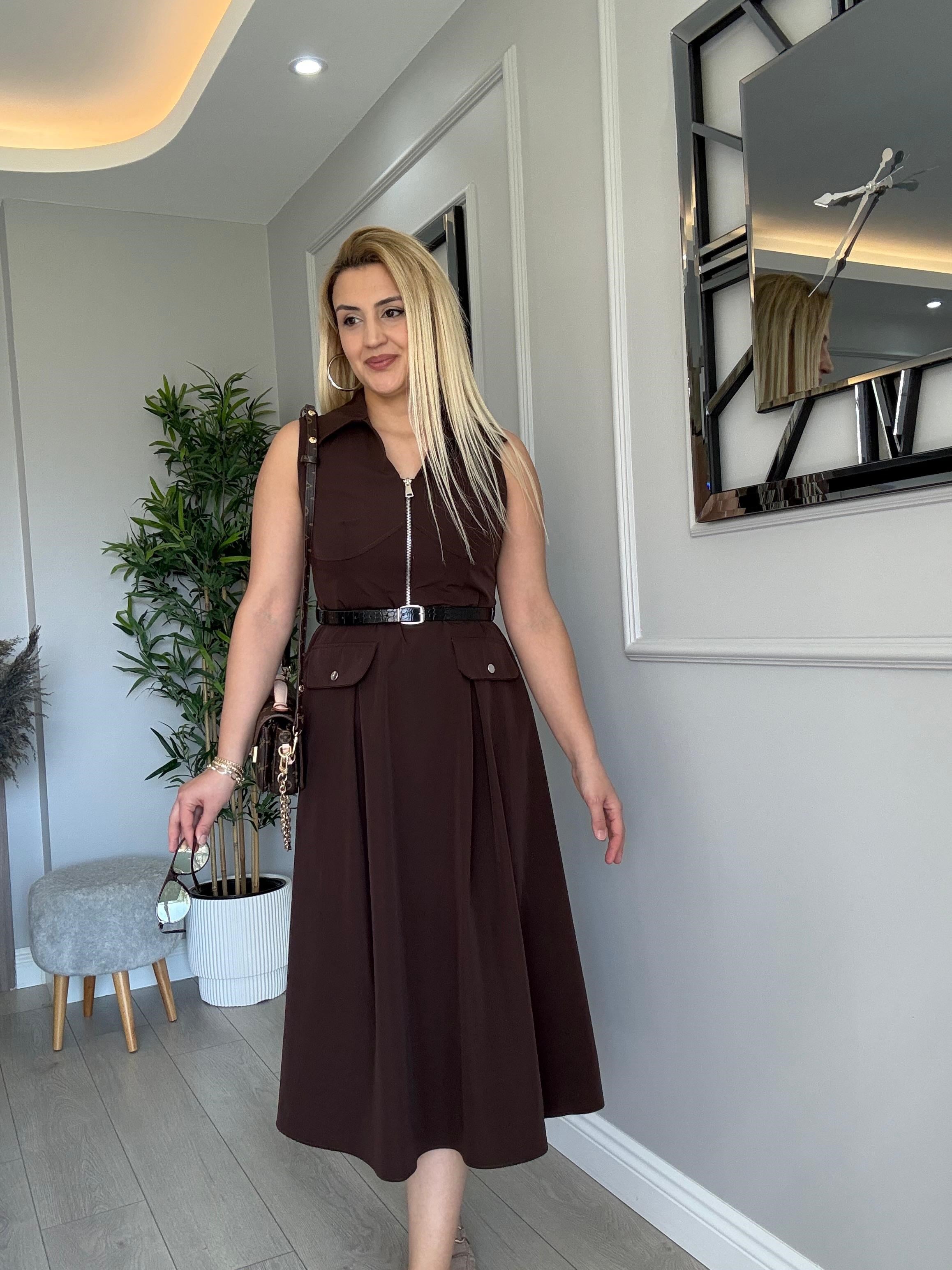 KEMERLİ PARAŞÜT KUMAŞ ELBİSE KAHVERENGİ