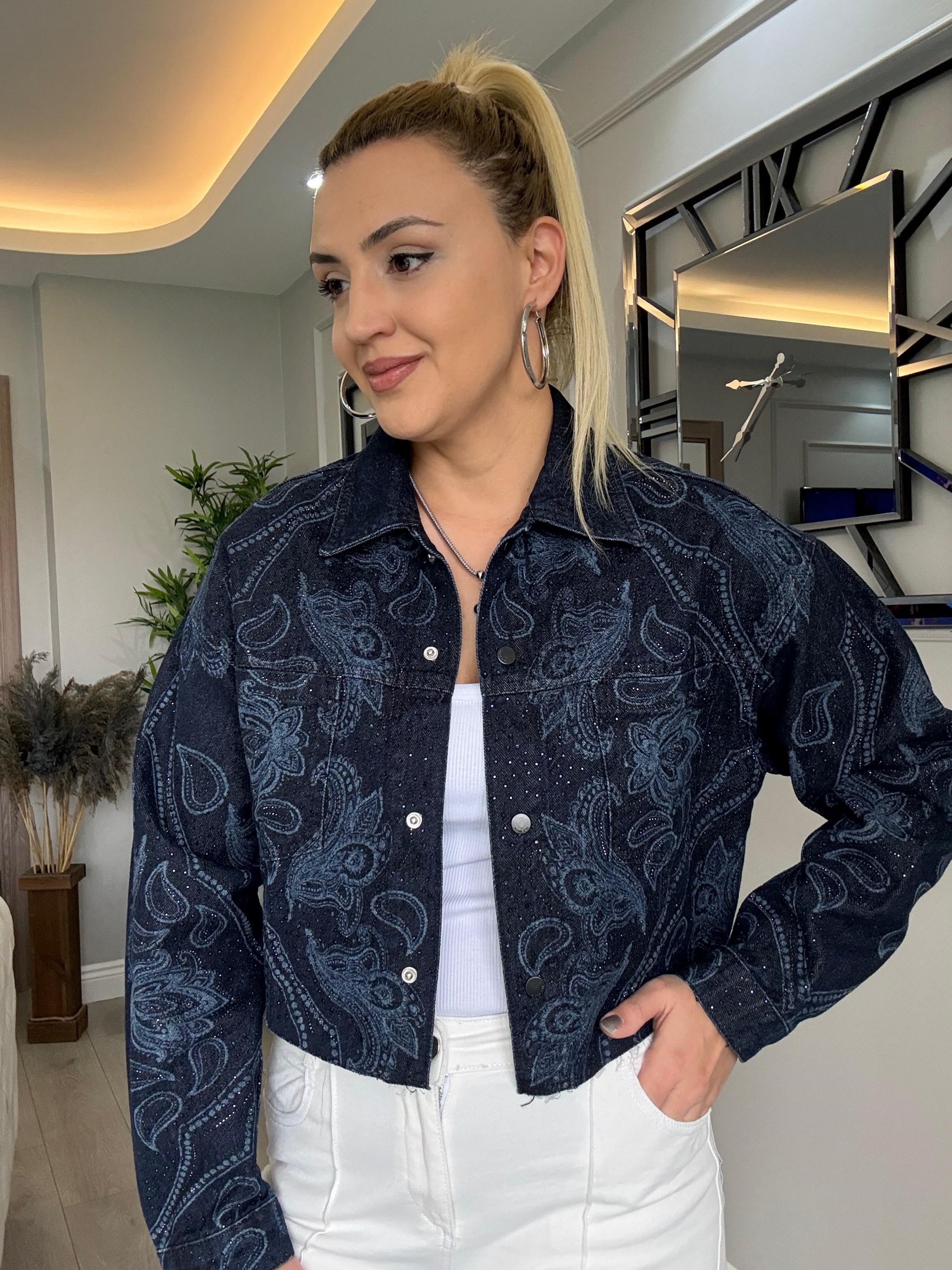 KENDİNDEN DESENLİ FULL TAŞLI DENİM CEKET LACİVERT