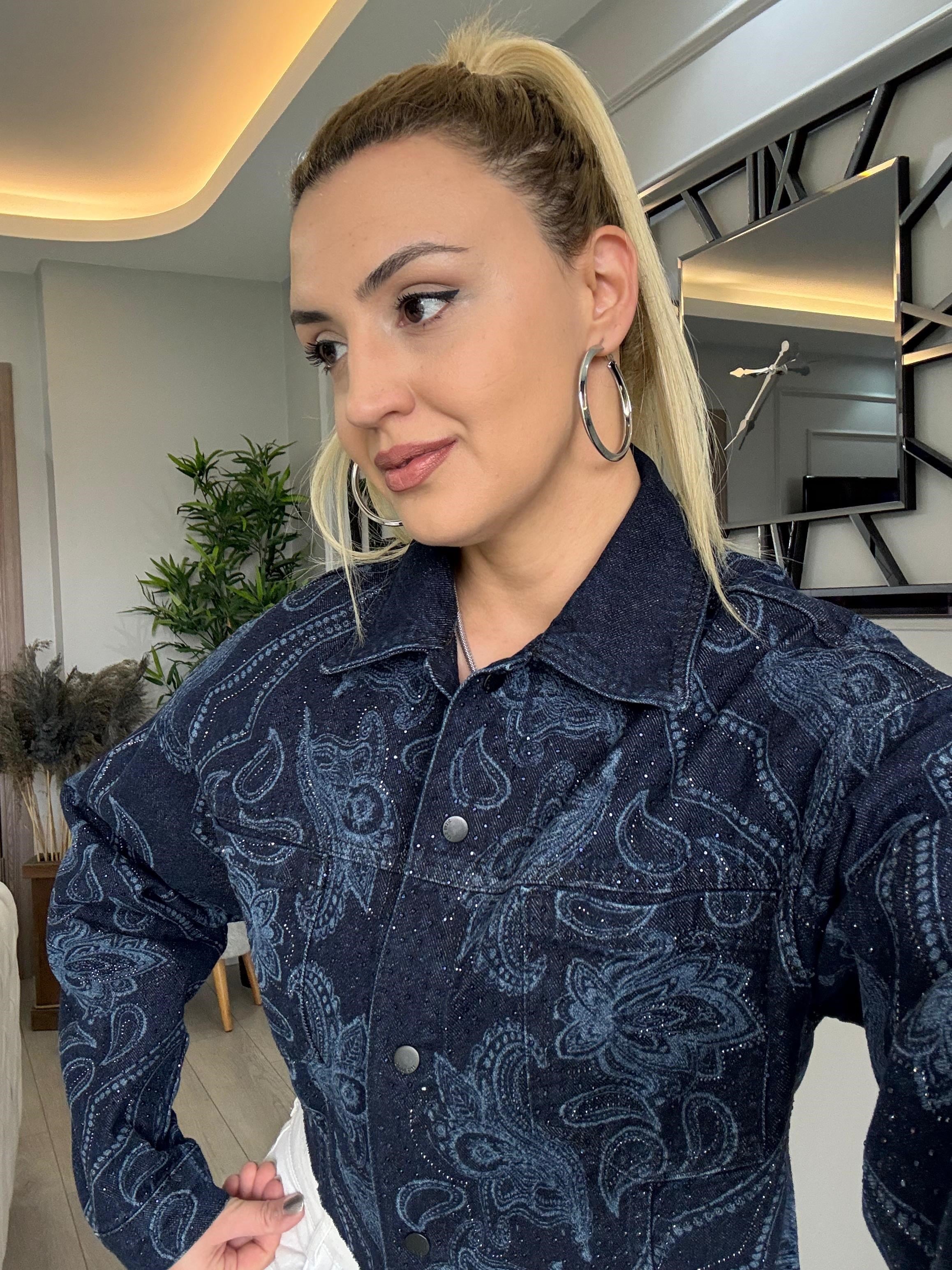 KENDİNDEN DESENLİ FULL TAŞLI DENİM CEKET LACİVERT