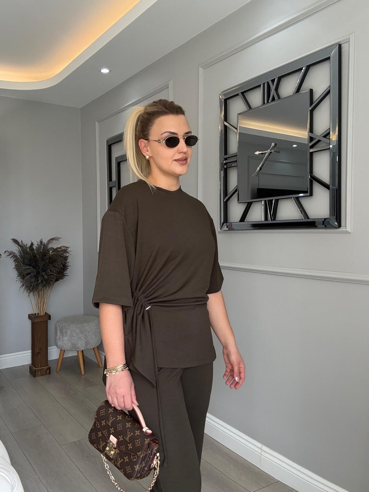 KOYU HAKİ YANLARI BÜZGÜLÜ MODAL TAKIM