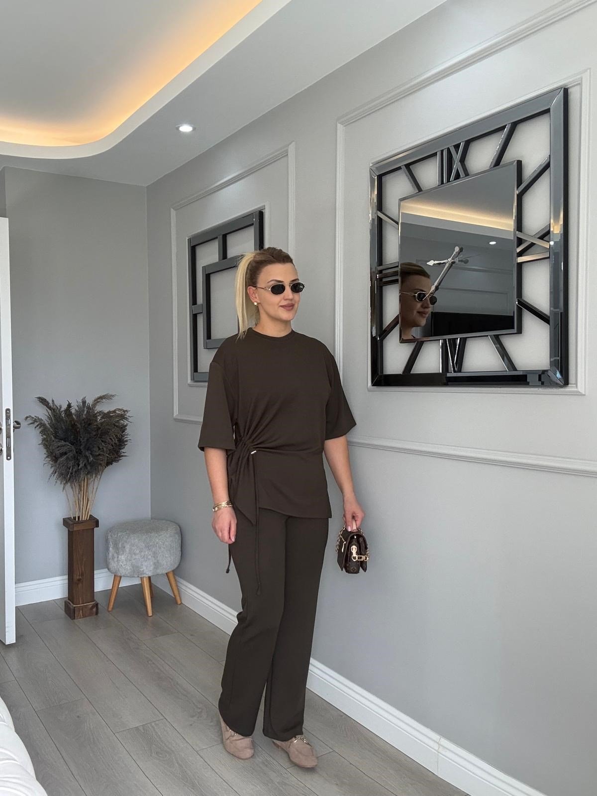KOYU HAKİ YANLARI BÜZGÜLÜ MODAL TAKIM