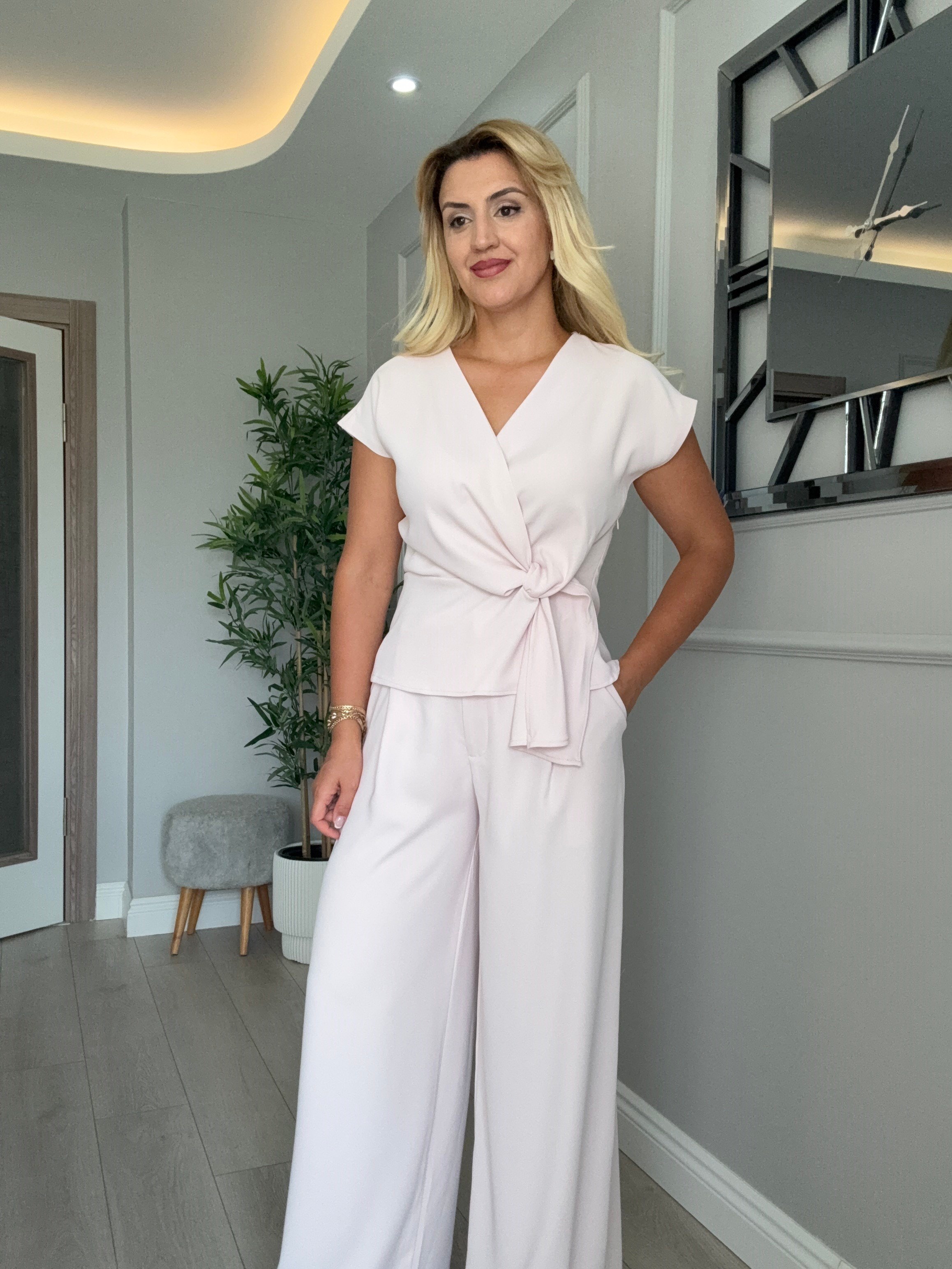Kruvaze yaka bluz pantolon yakım toz pembe