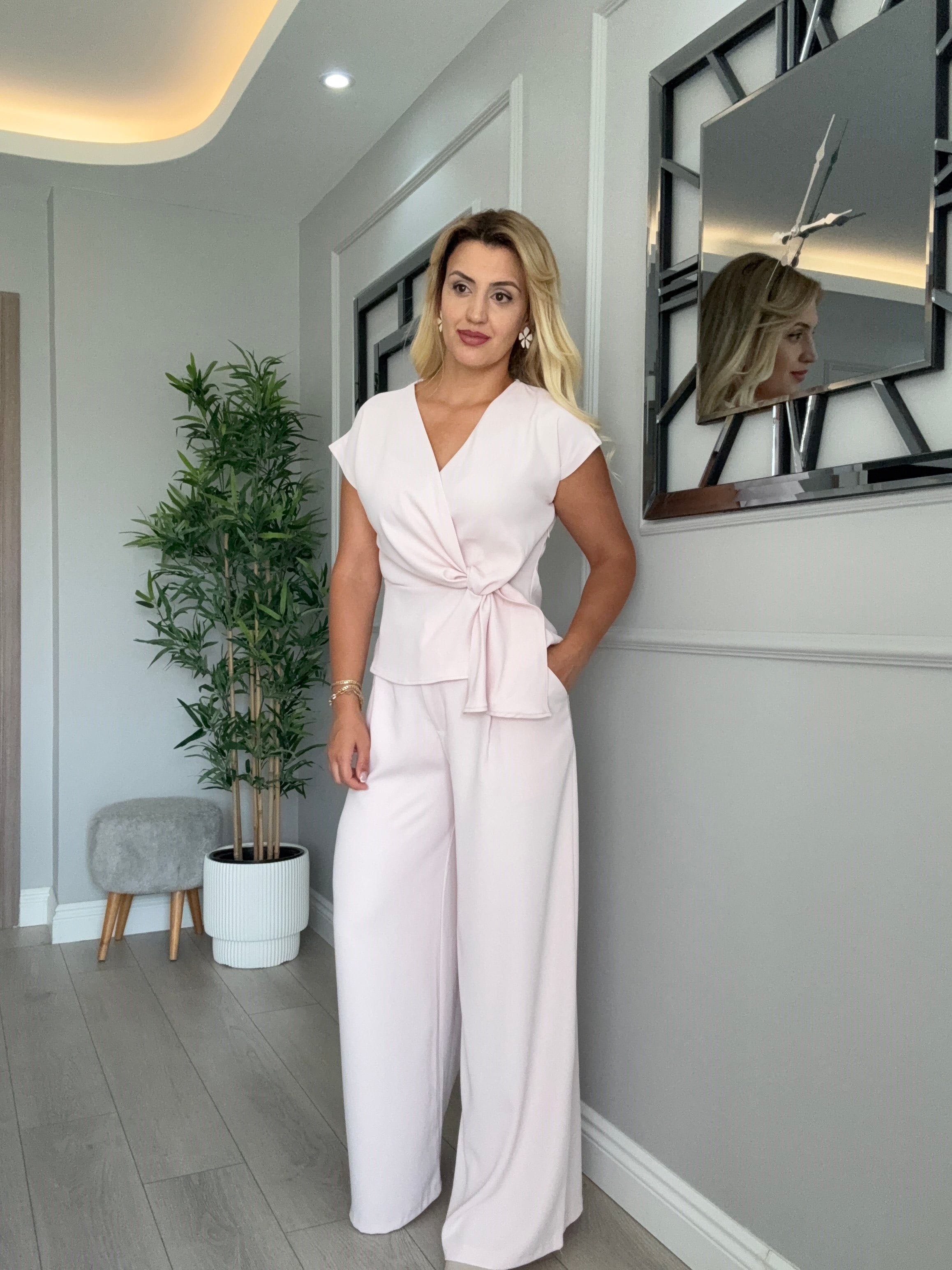 Kruvaze yaka bluz pantolon yakım toz pembe