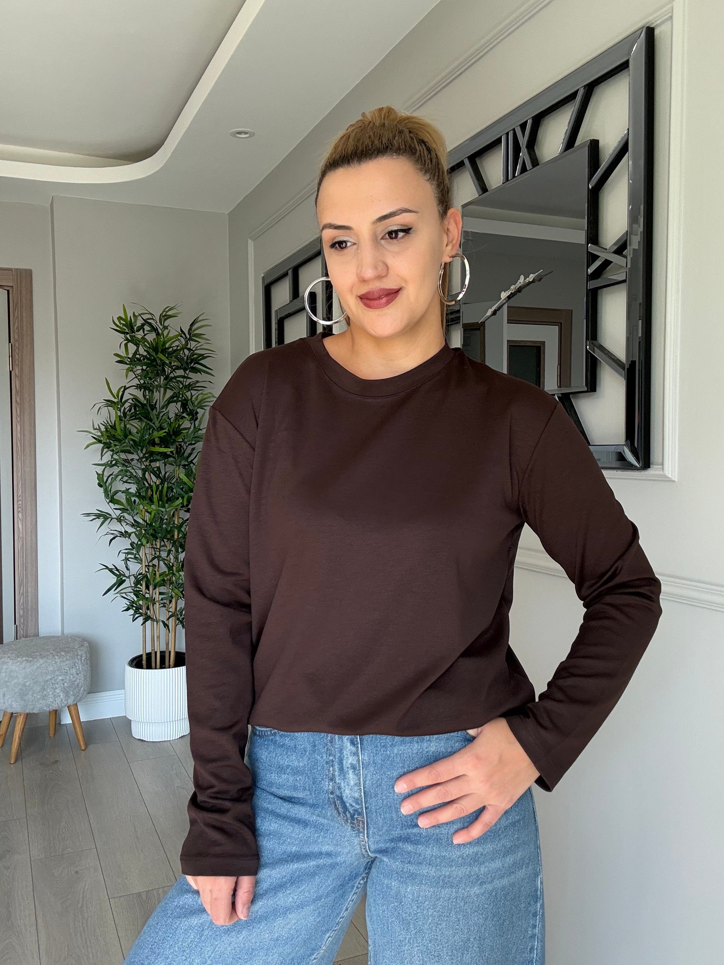 Modal kumaş rahat bluz - kahverengi 