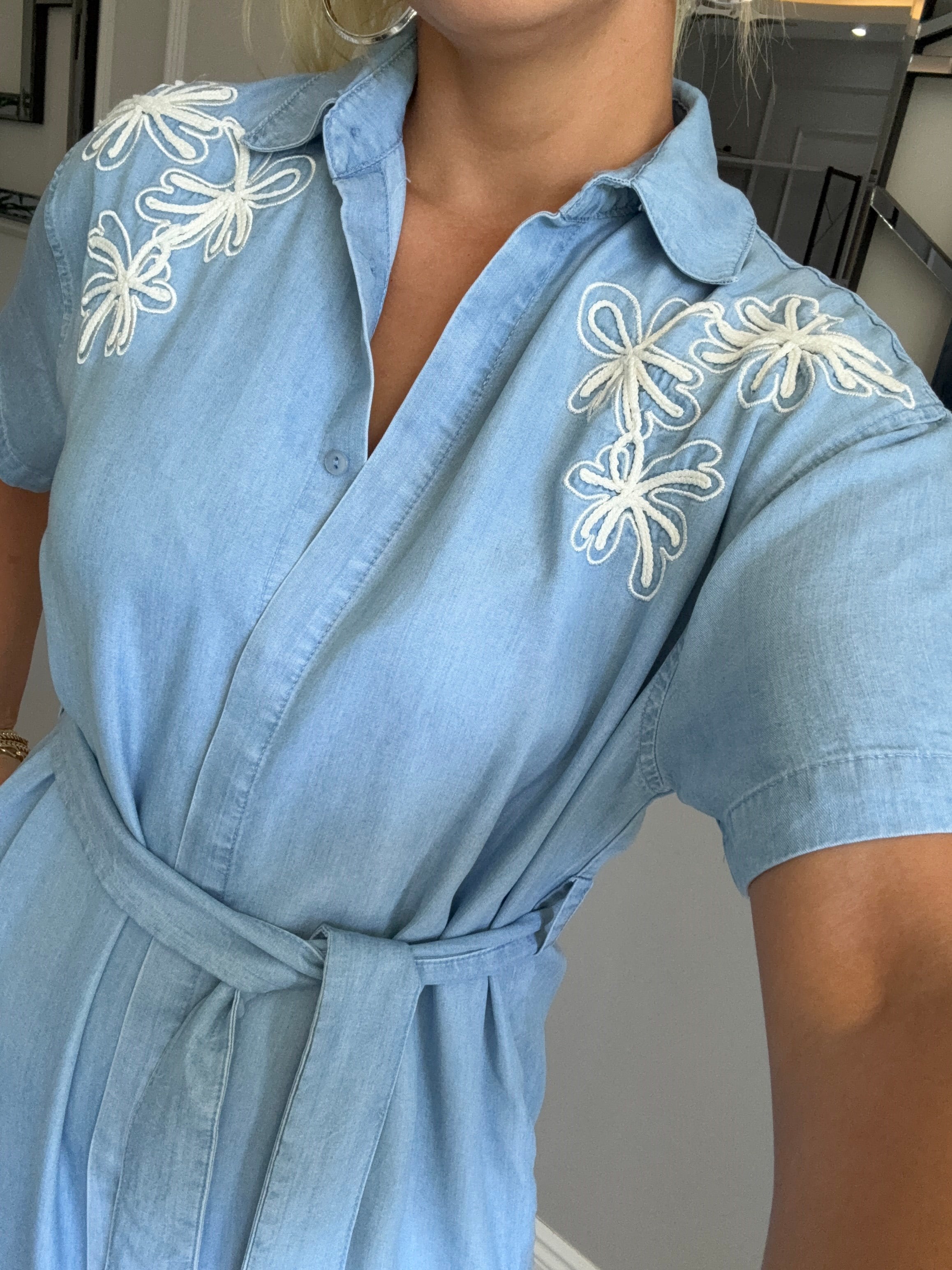 Nakışlı denim tensel elbise 