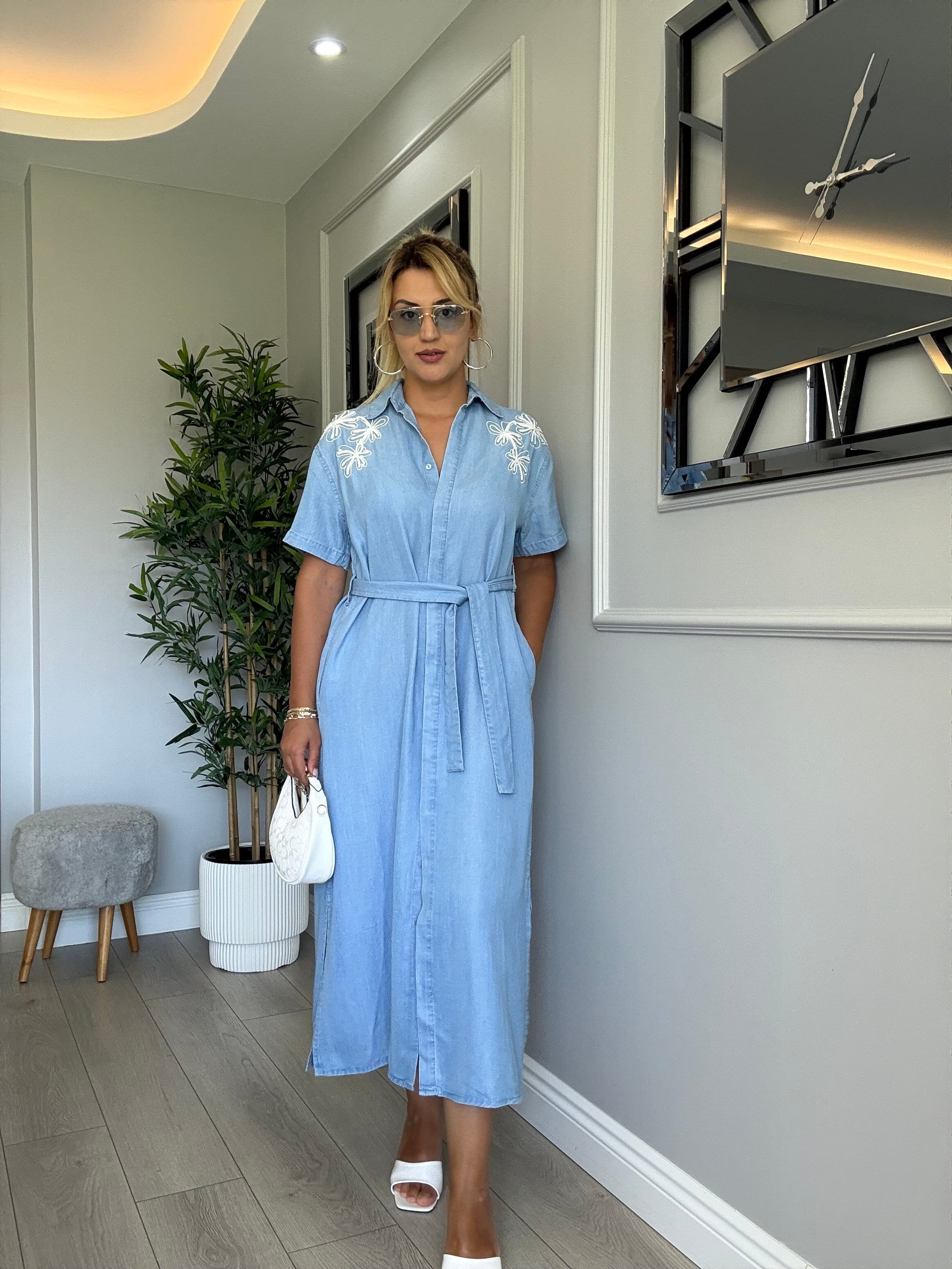 Nakışlı denim tensel elbise 