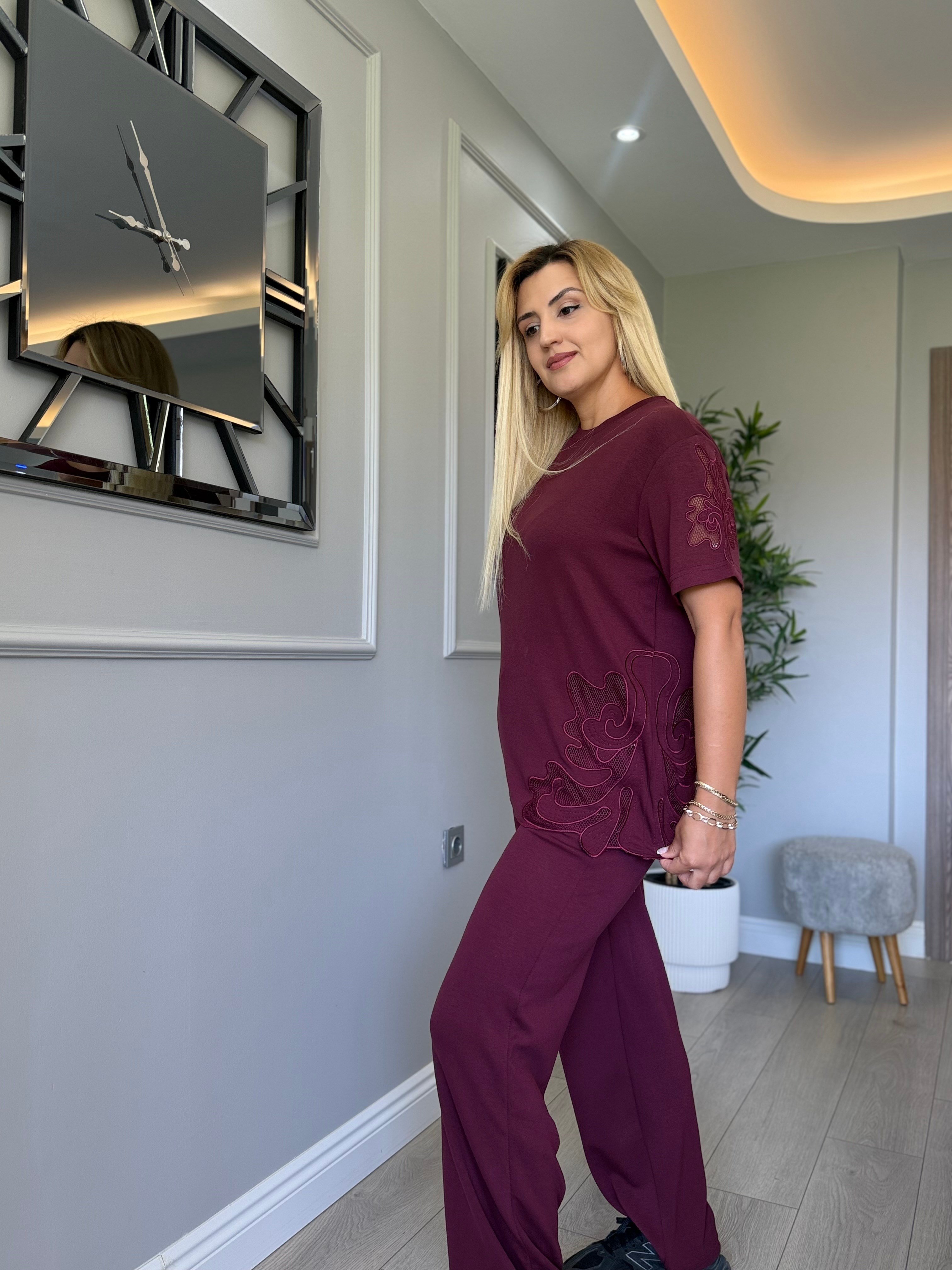 Orj marka dantelli modal takım bordo