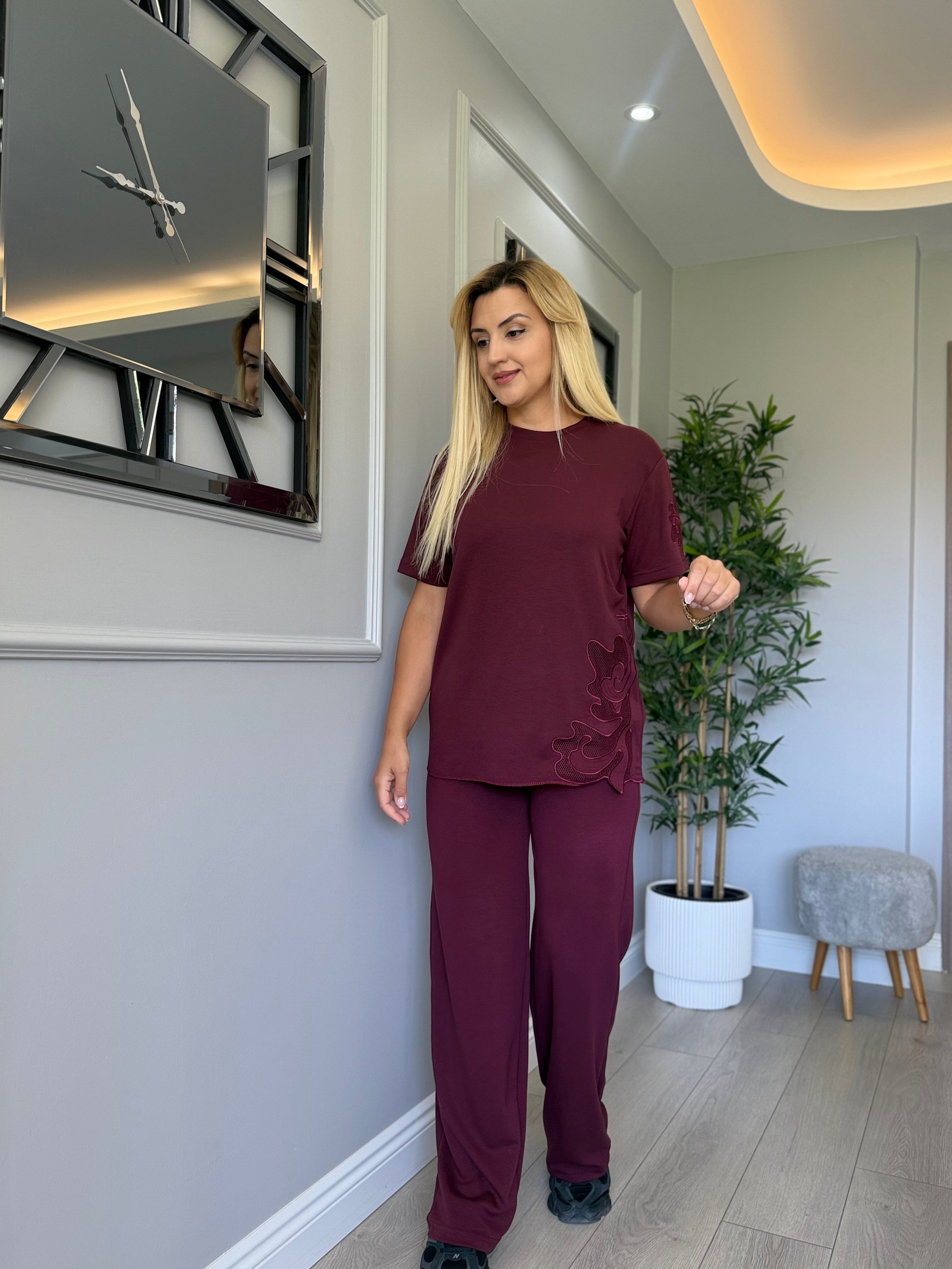 Orj marka dantelli modal takım bordo