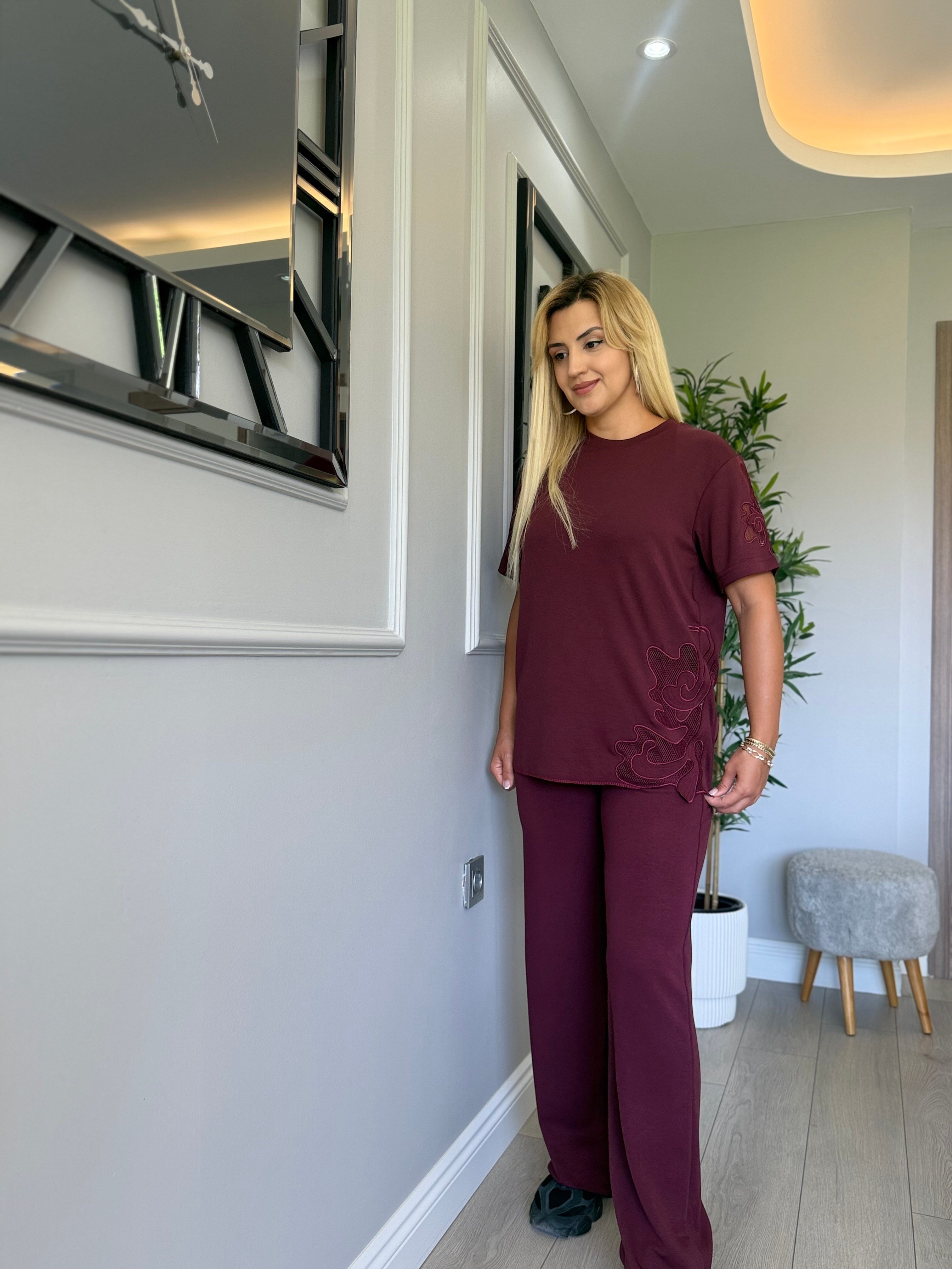 Orj marka dantelli modal takım bordo