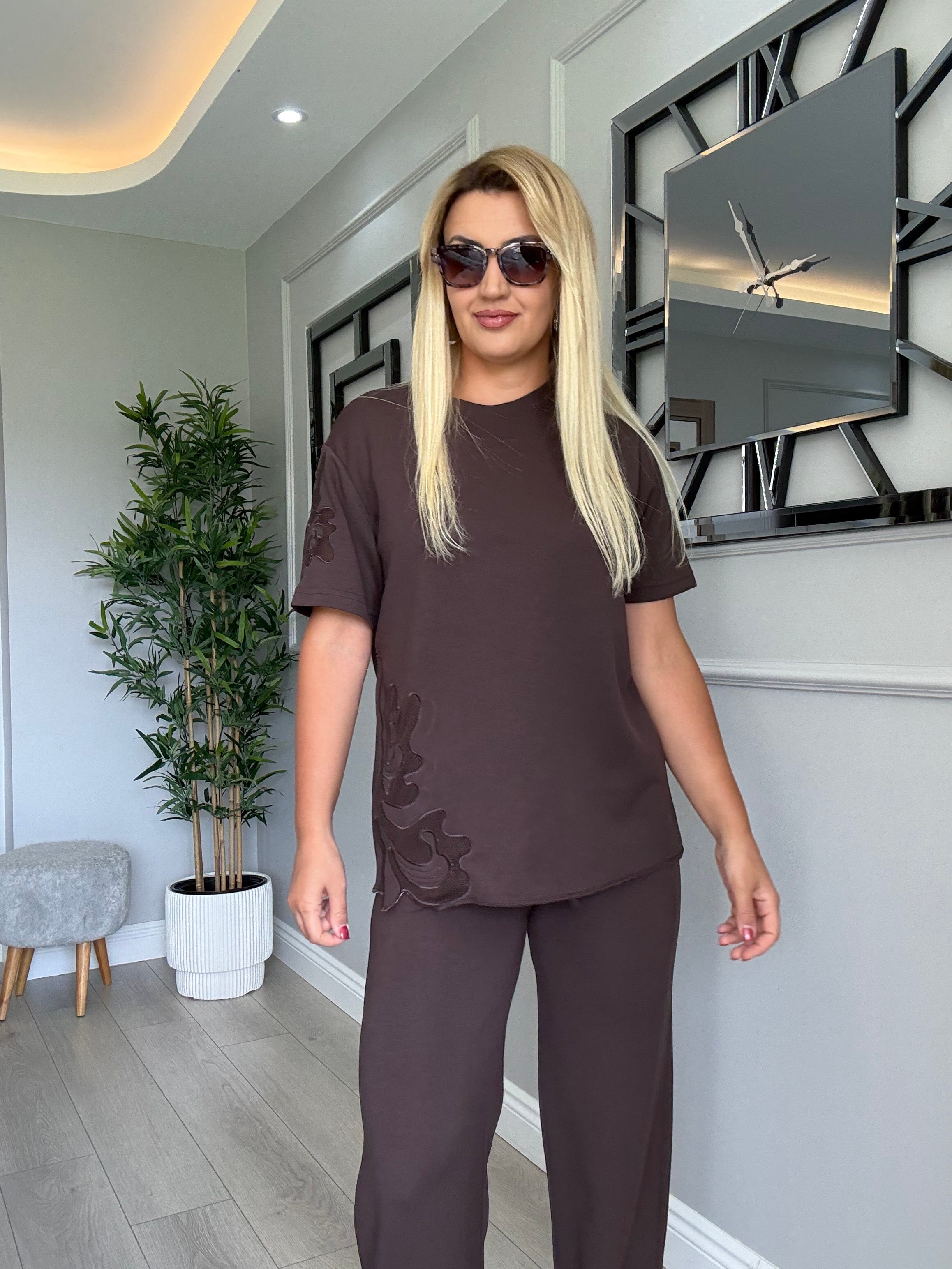 Orj marka dantelli modal takım kahverengi 