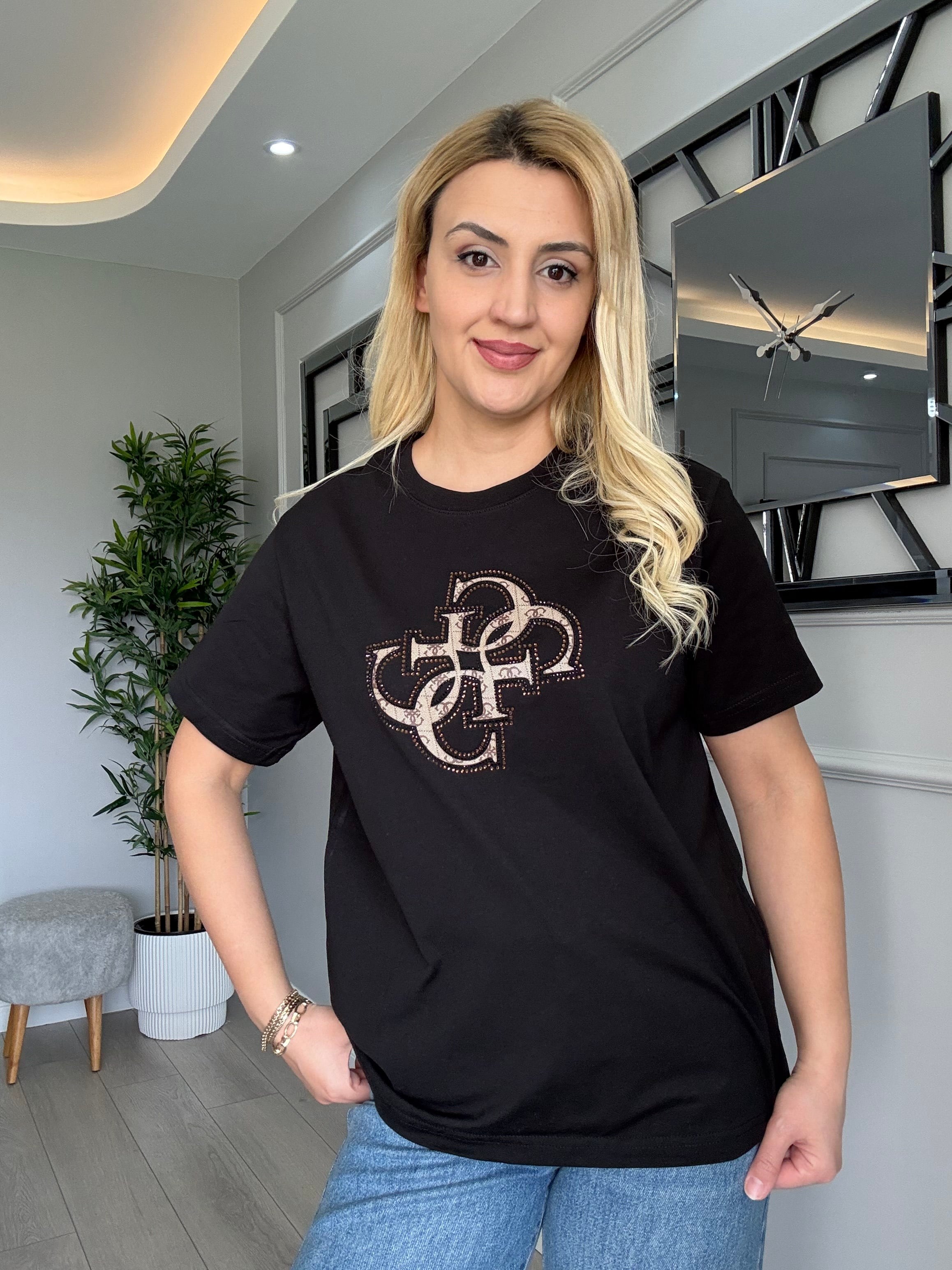 Orj marka taşlı tshirt siyah