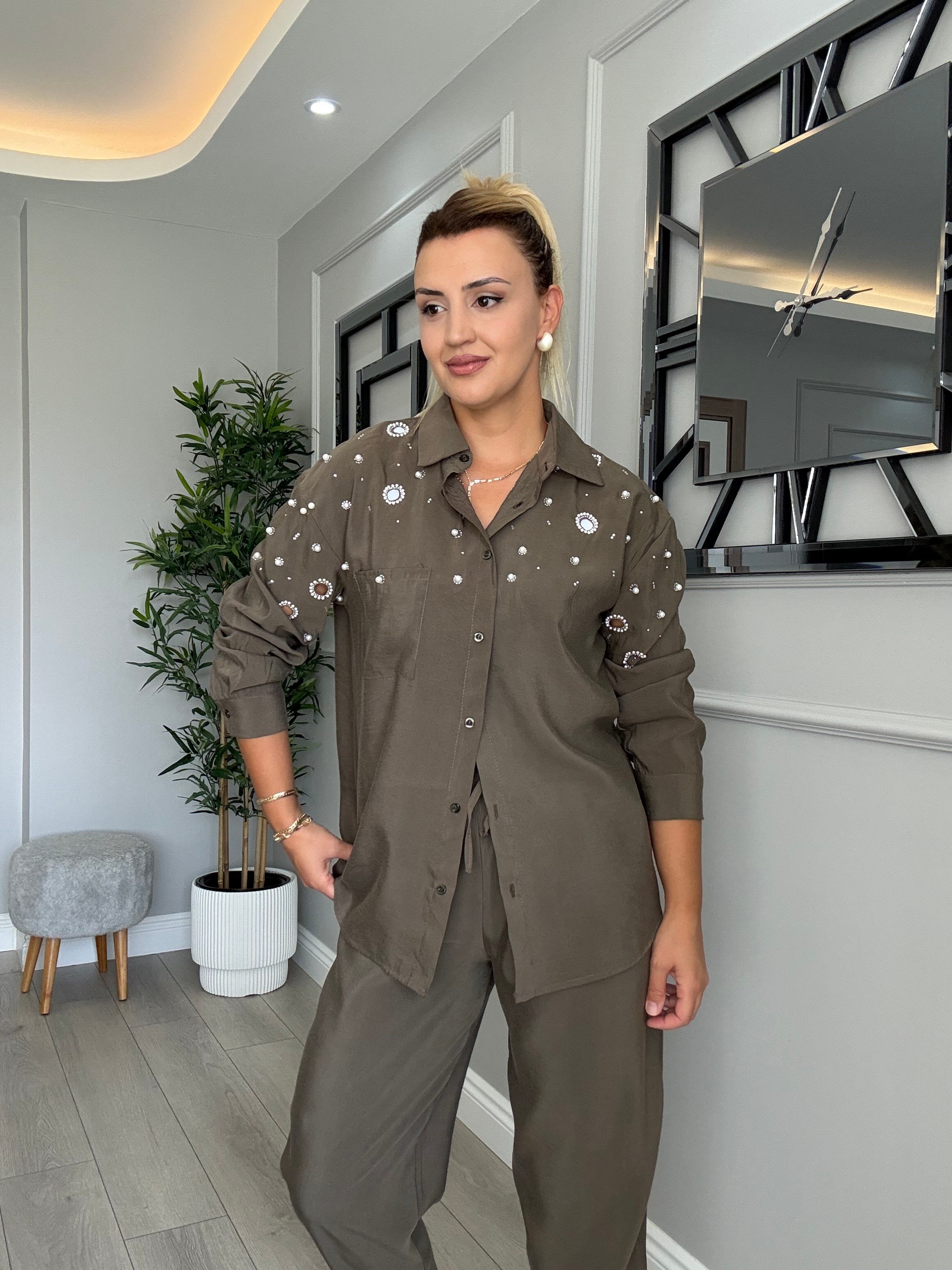 Orj model kuş gözü detaylı taşlı incili tensel takım haki