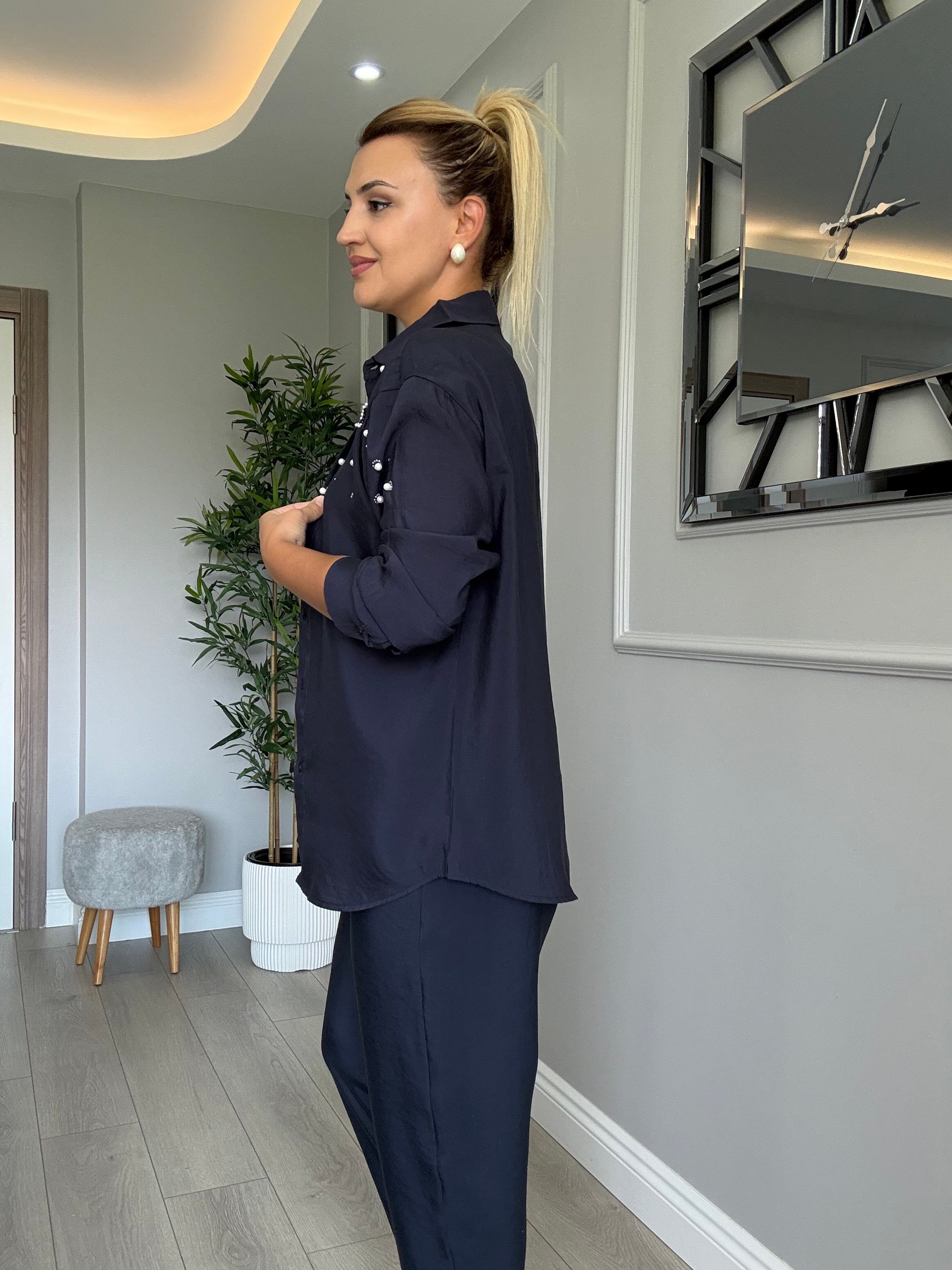 Orj model kuş gözü detaylı taşlı incili tensel takım lacivert 
