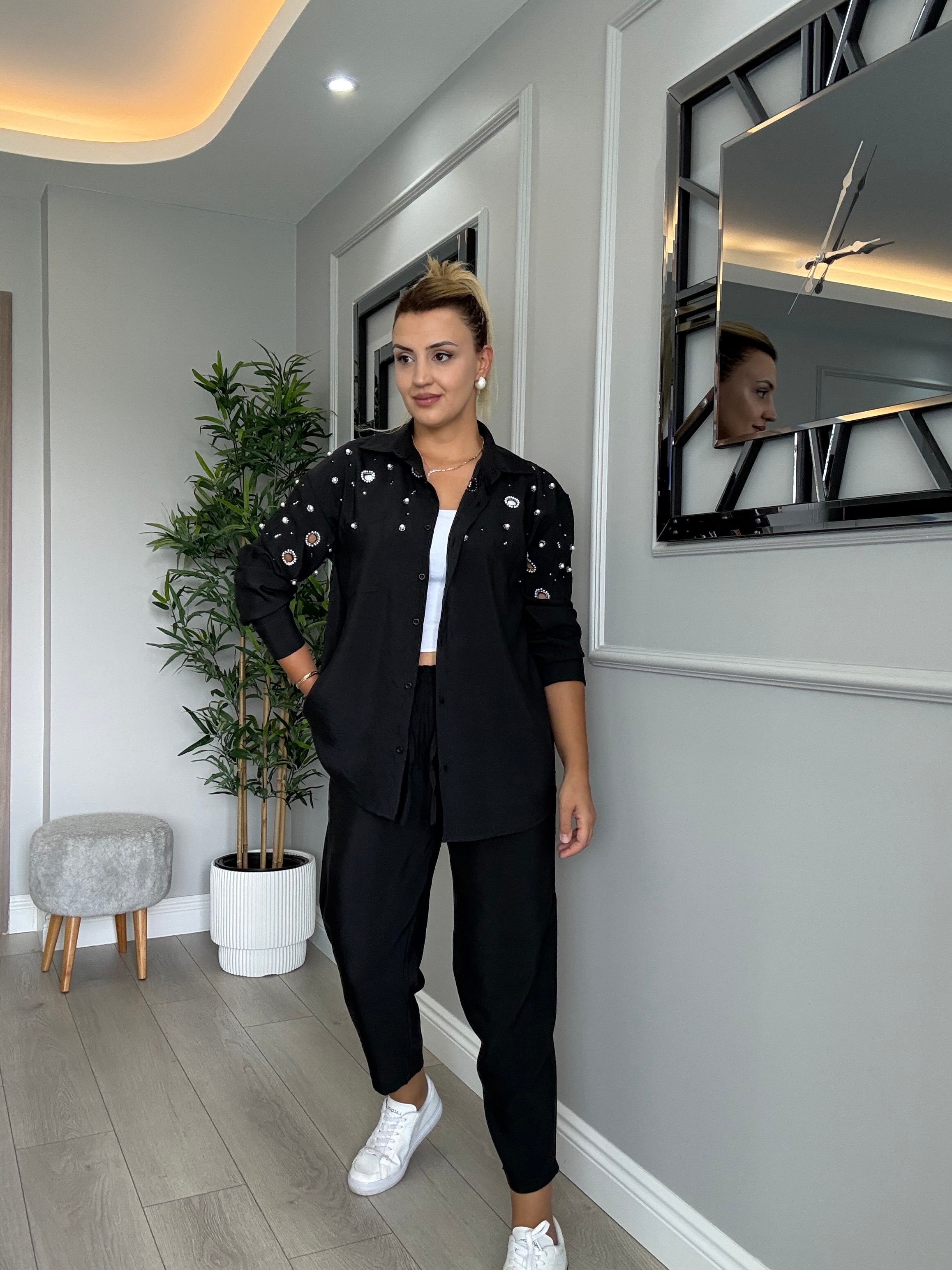 Orj model Kuşgözü detaylı taşlı incili tensel takım siyah