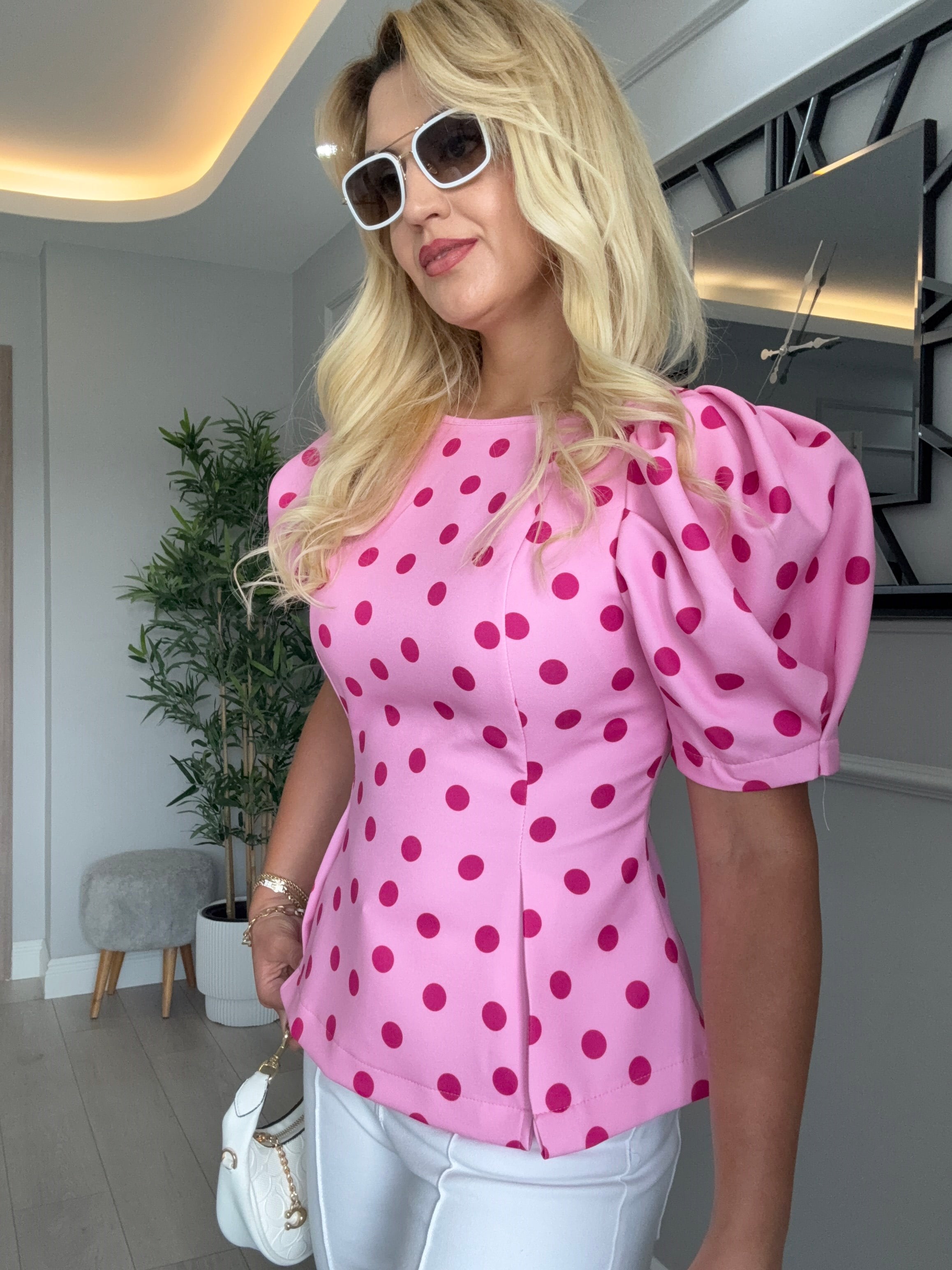 Orj model puantiyeli balon kol bluz pembe