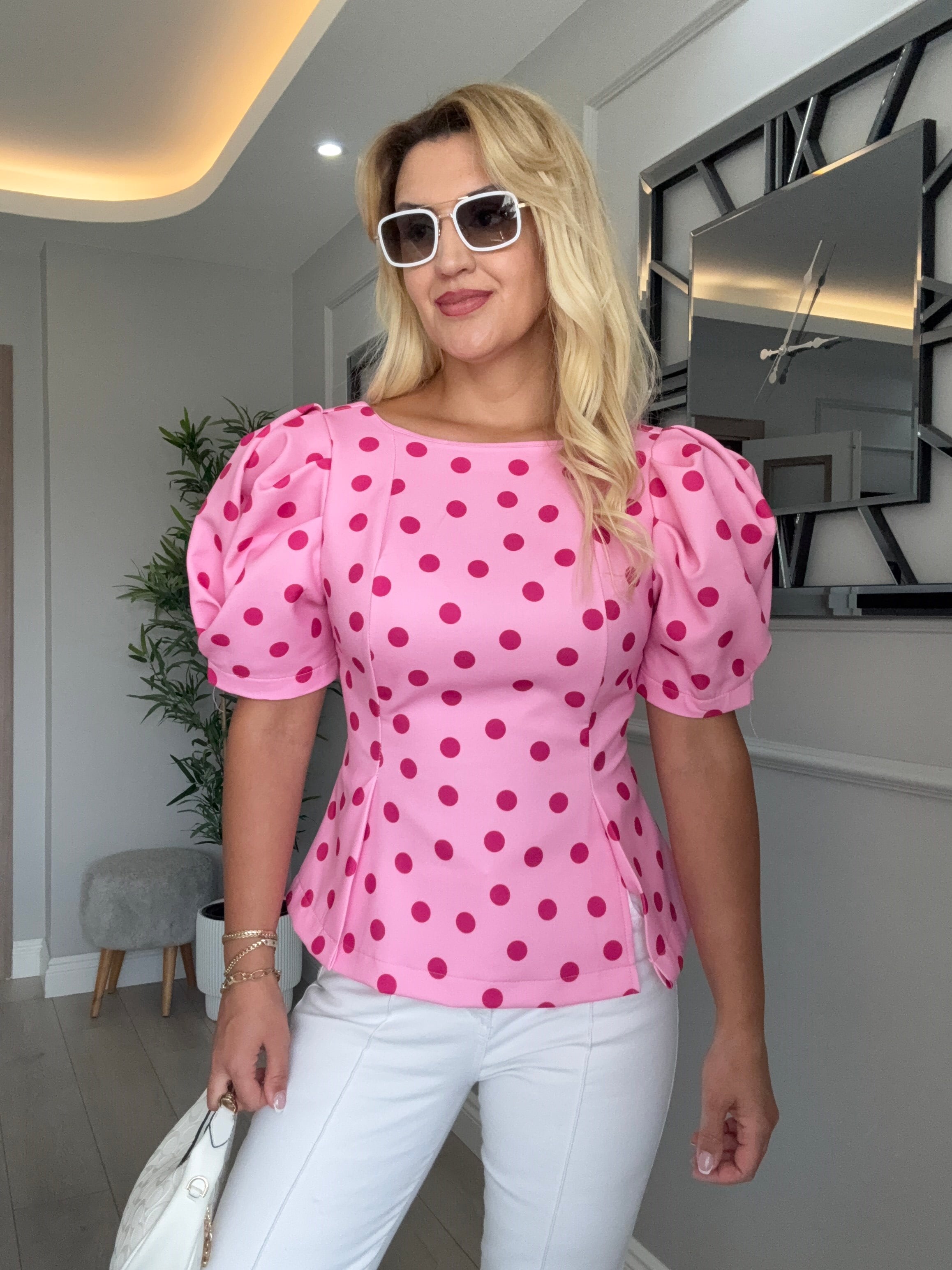 Orj model puantiyeli balon kol bluz pembe