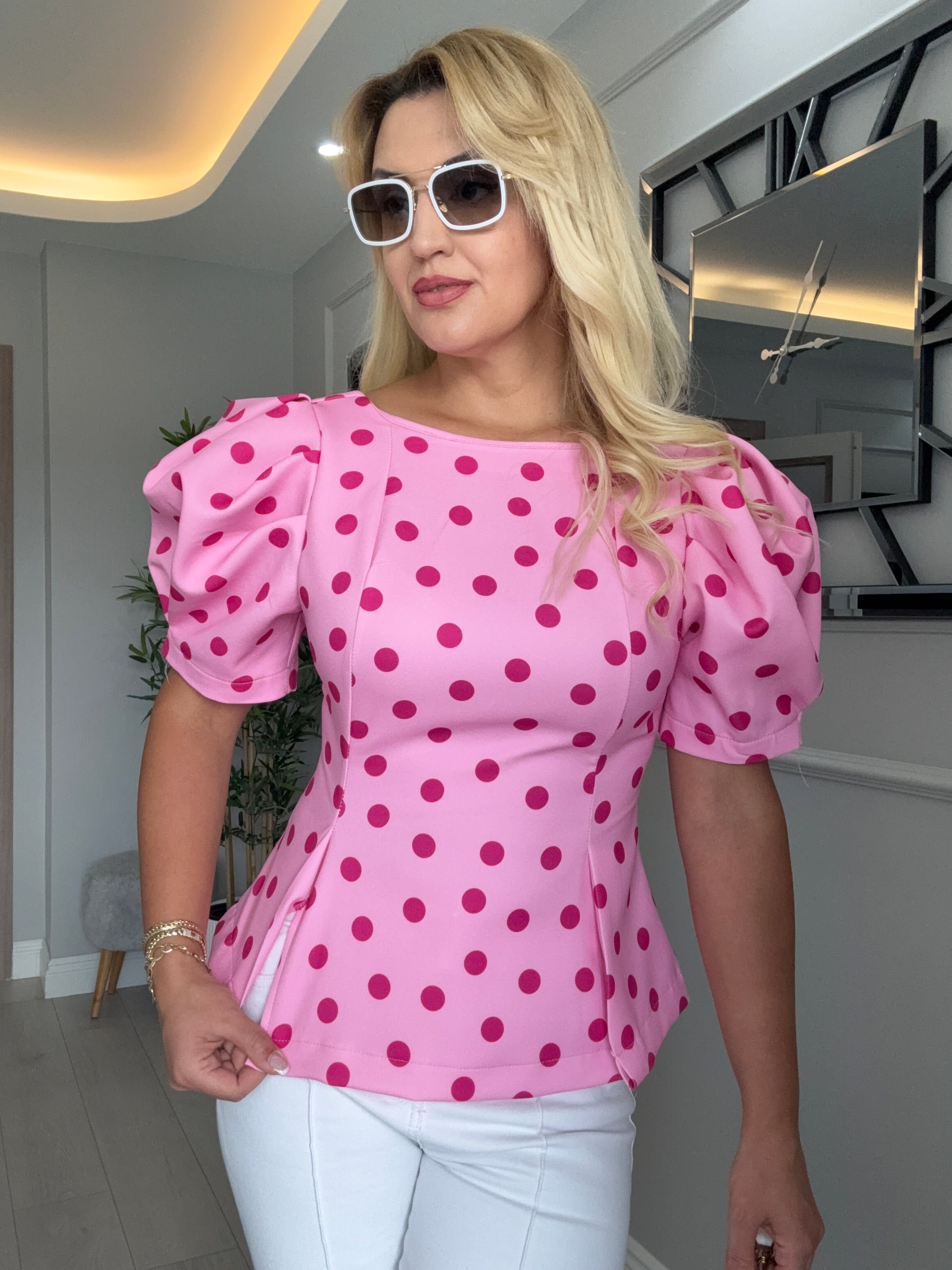 Orj model puantiyeli balon kol bluz pembe