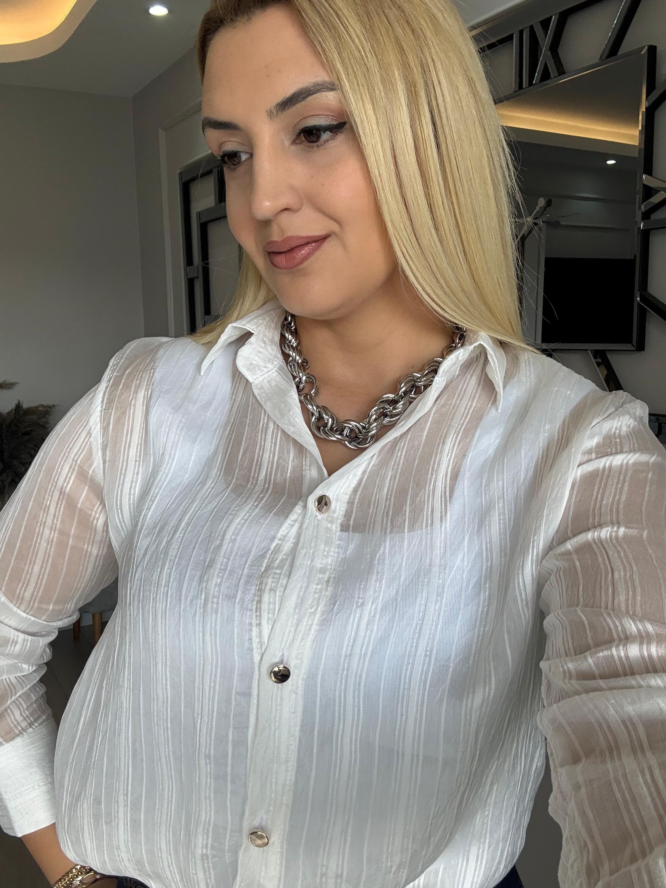 PARLAK DÜĞME DETAYLI ŞİFON GÖMLEK BEYAZ