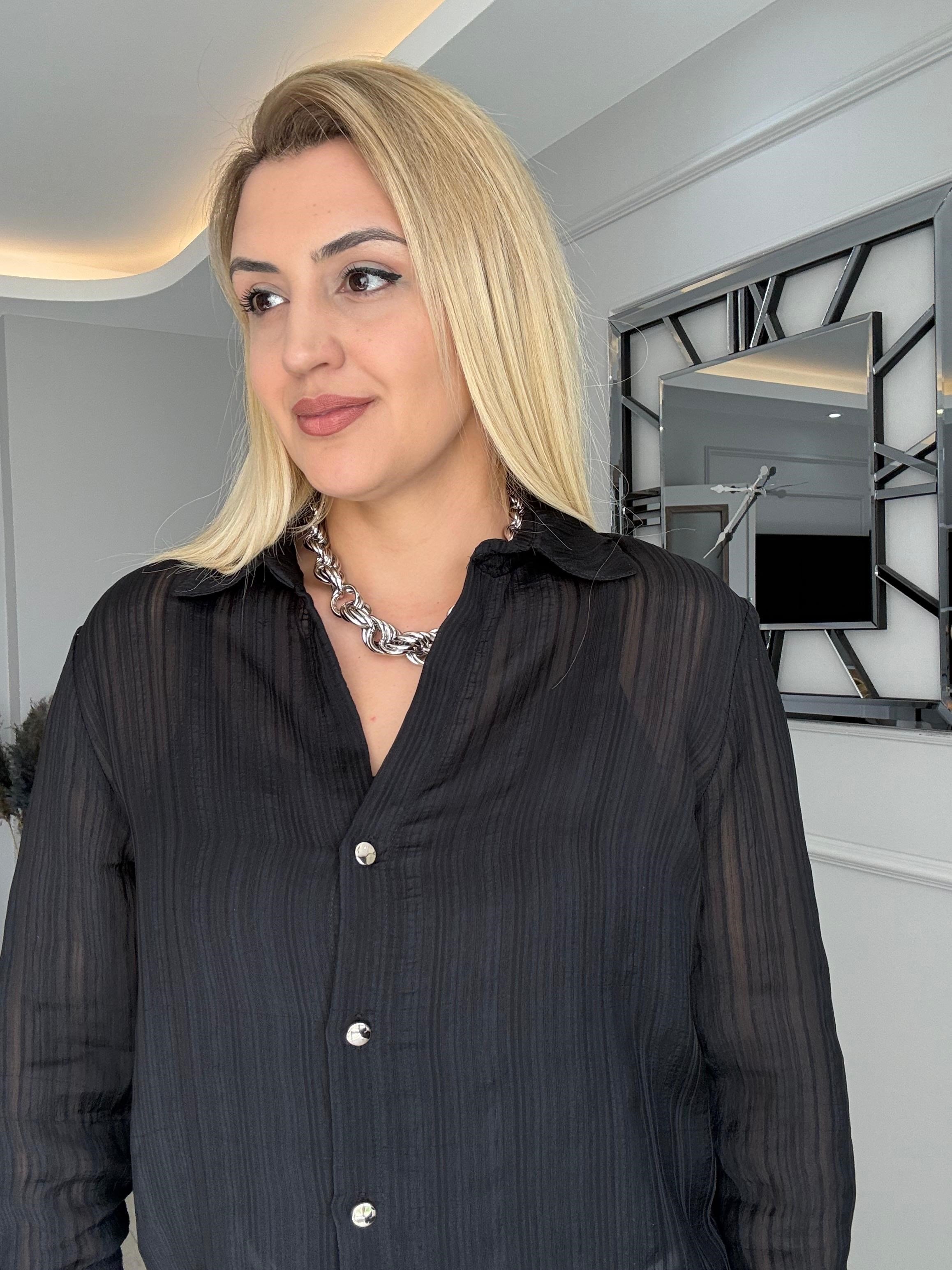 PARLAK DÜĞME DETAYLI ŞİFON GÖMLEK SİYAH