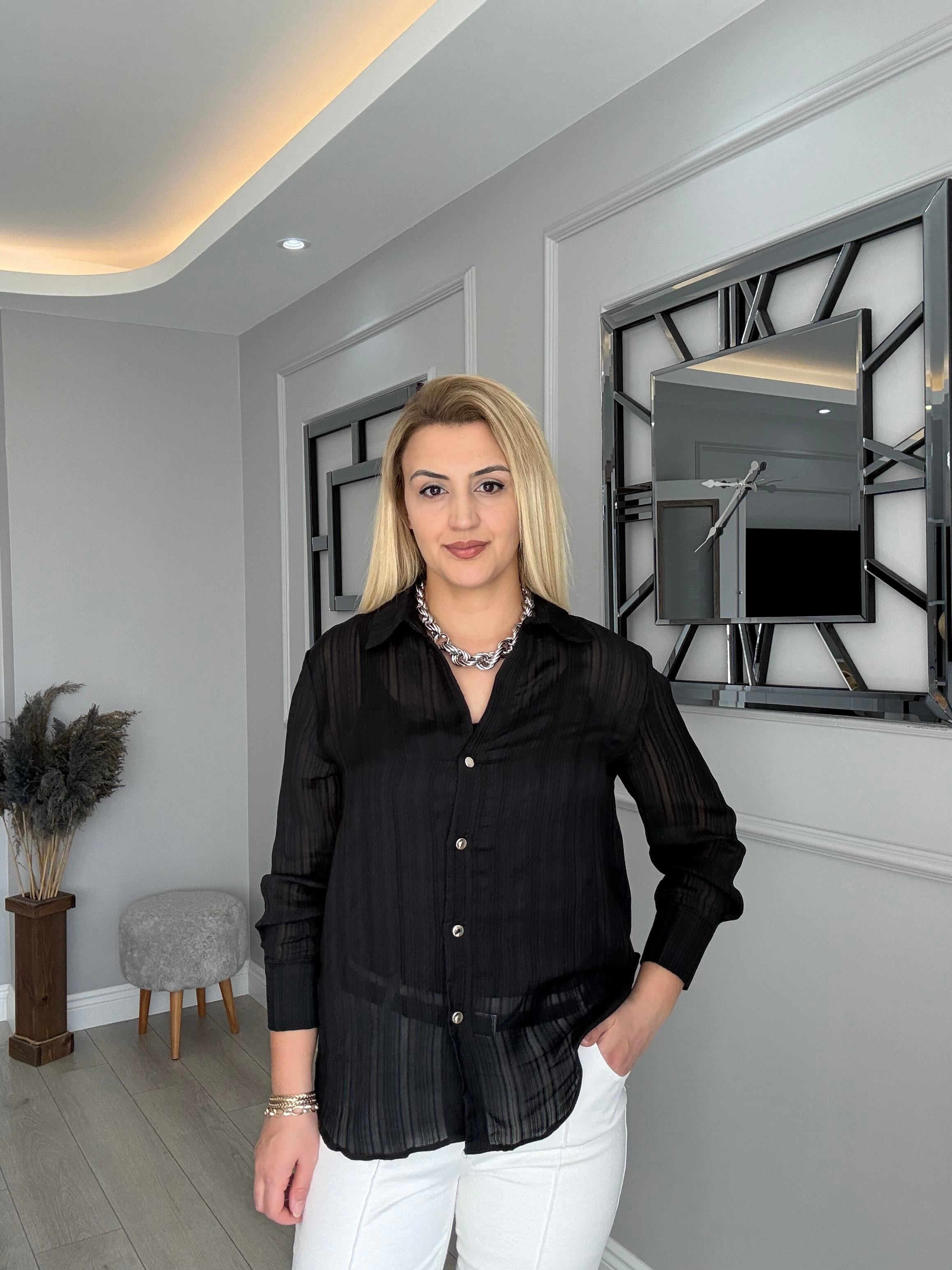PARLAK DÜĞME DETAYLI ŞİFON GÖMLEK SİYAH